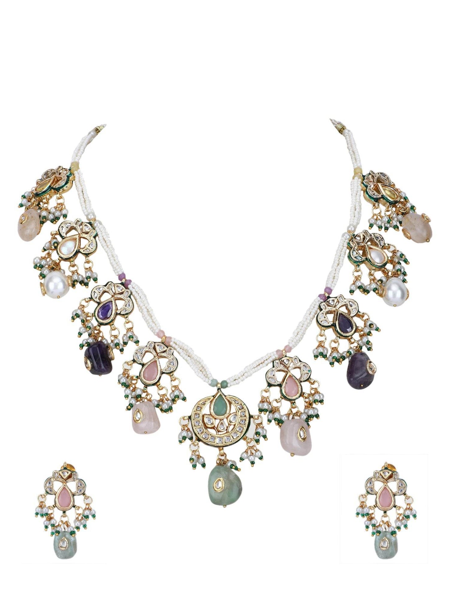 Gold Plated Kundan Elegant Navratna Necklace Set For women - Auraa Trends