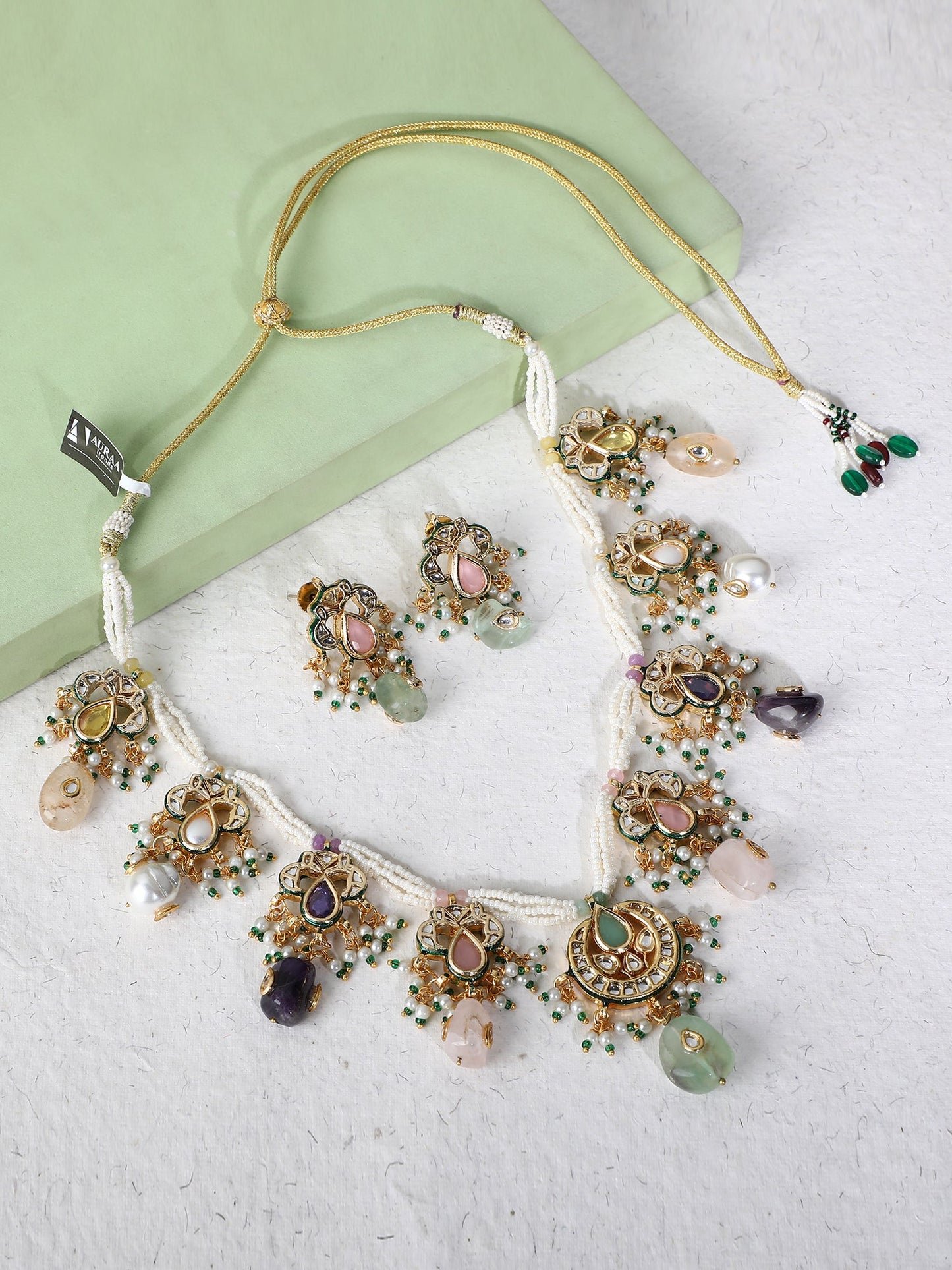 Gold Plated Kundan Elegant Navratna Necklace Set For women - Auraa Trends - Necklace Set -Buy Navratna Necklace Set For women
