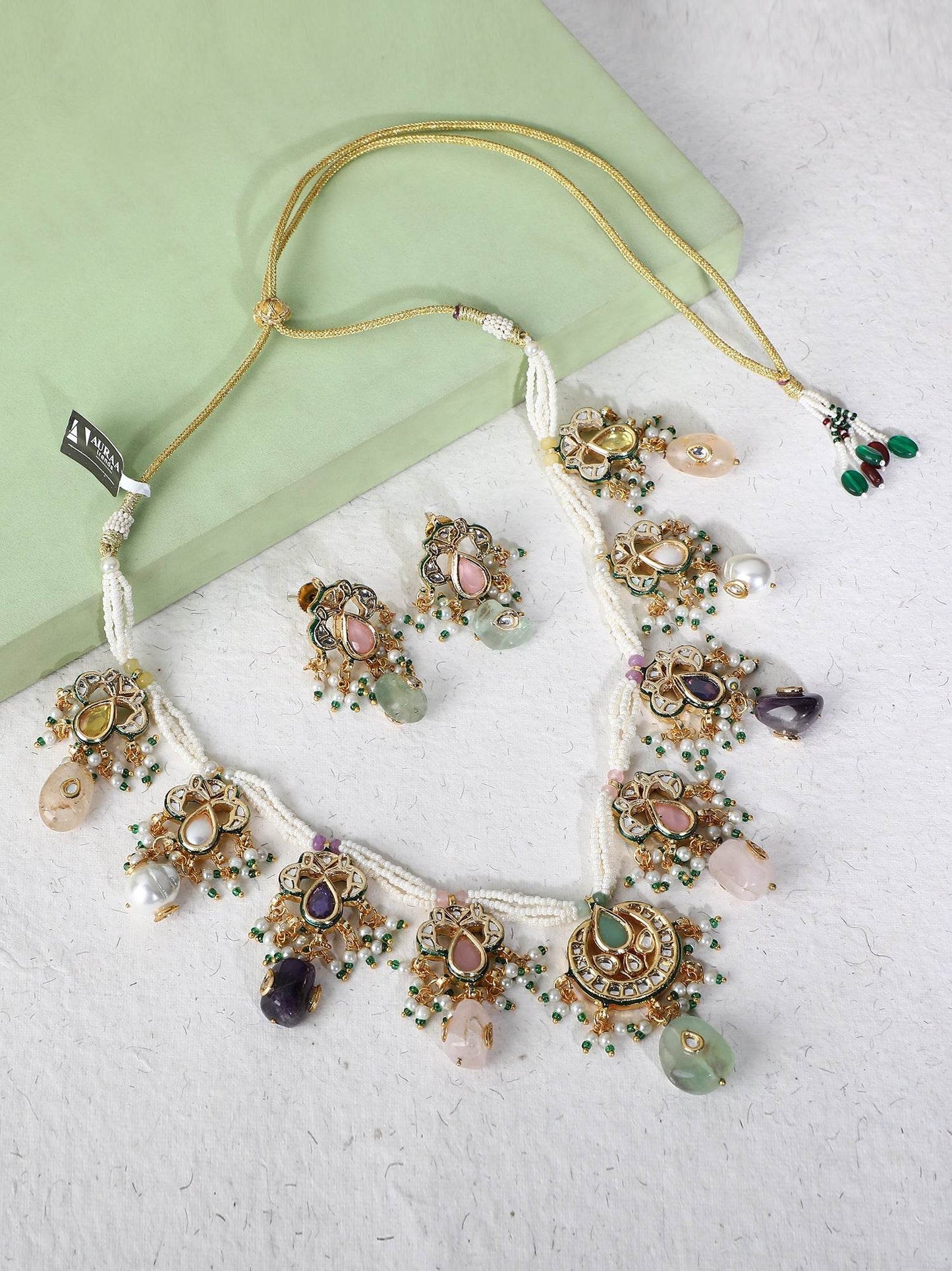Gold Plated Kundan Elegant Navratna Necklace Set For women - Auraa Trends
