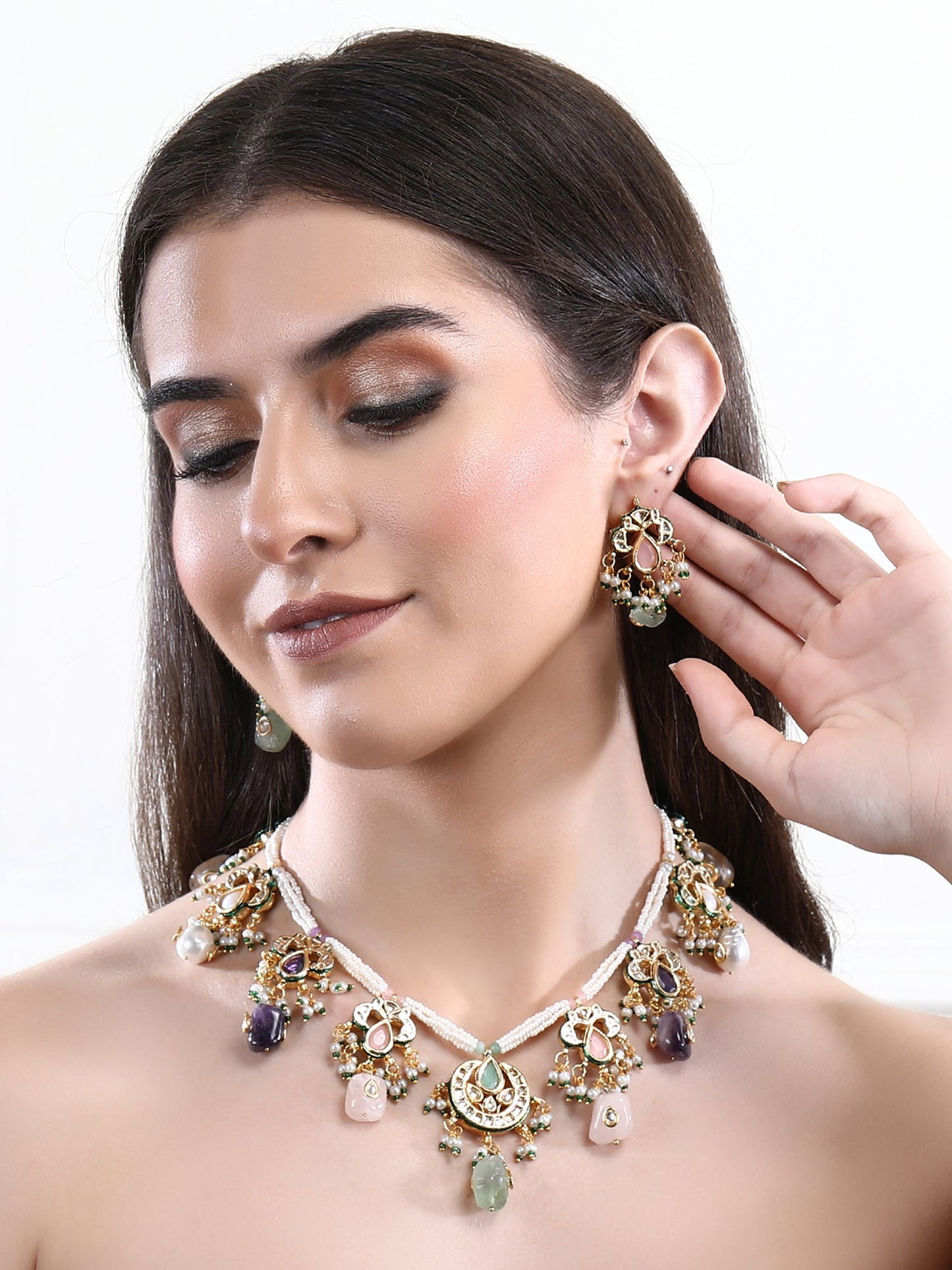 Gold Plated Kundan Elegant Navratna Necklace Set For women - Auraa Trends - Necklace Set -Buy Navratna Necklace Set For women