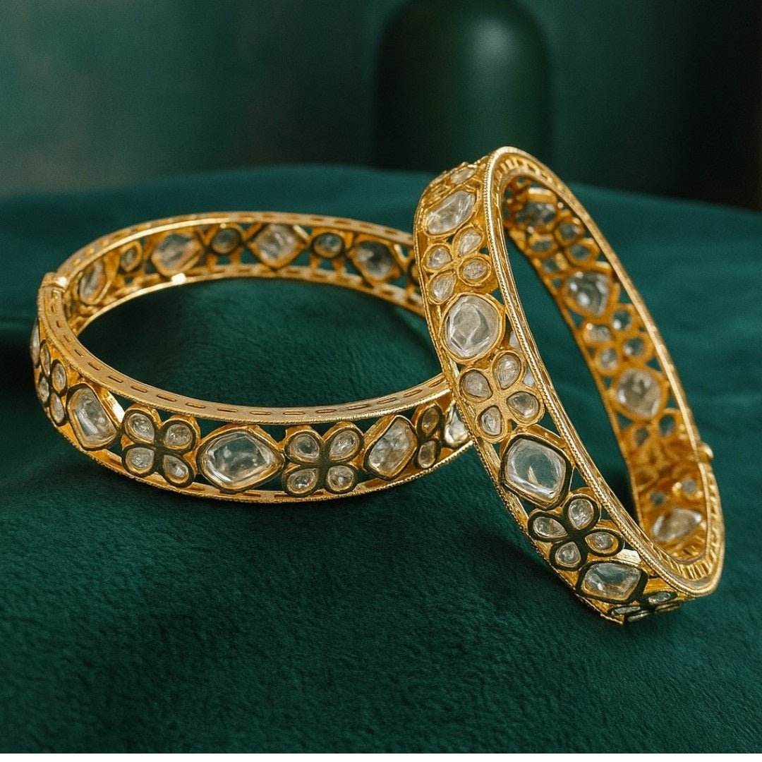 Gold-Plated Kundan Floral Bangles with White Stones - Auraa Trends