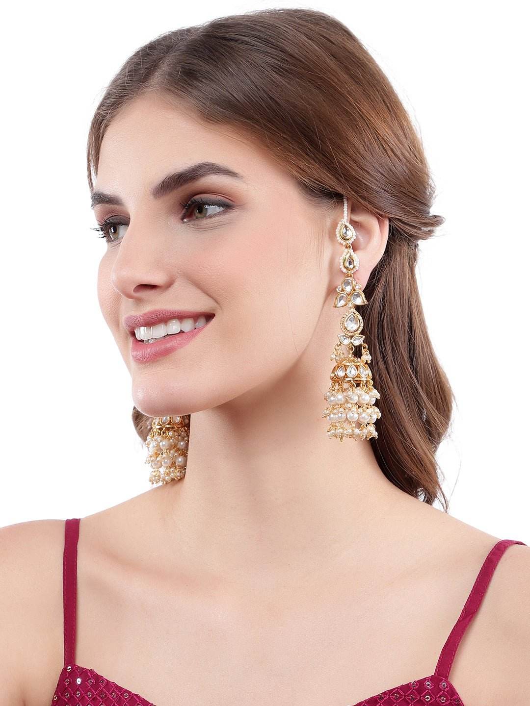 Gold-Plated Kundan Jhumka Earrings with Kaan Chain - Auraa Trends