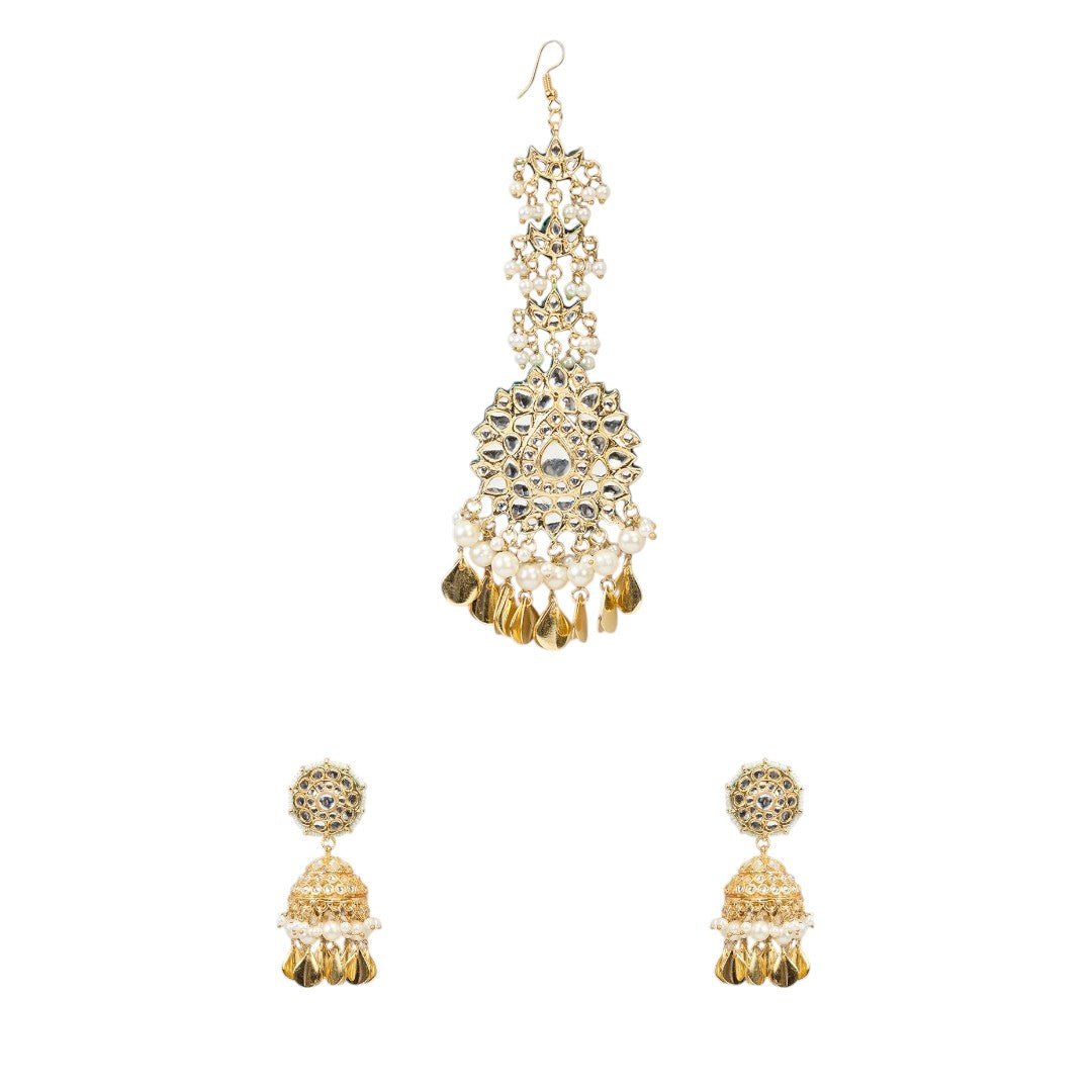 Gold - Plated Kundan Jhumka Earrings with Maang Tikka Set - Auraa Trends - Earring Set - # - Auraa Trends - Gold - Plated Kundan Jhumka Earrings with Maang Tikka Set