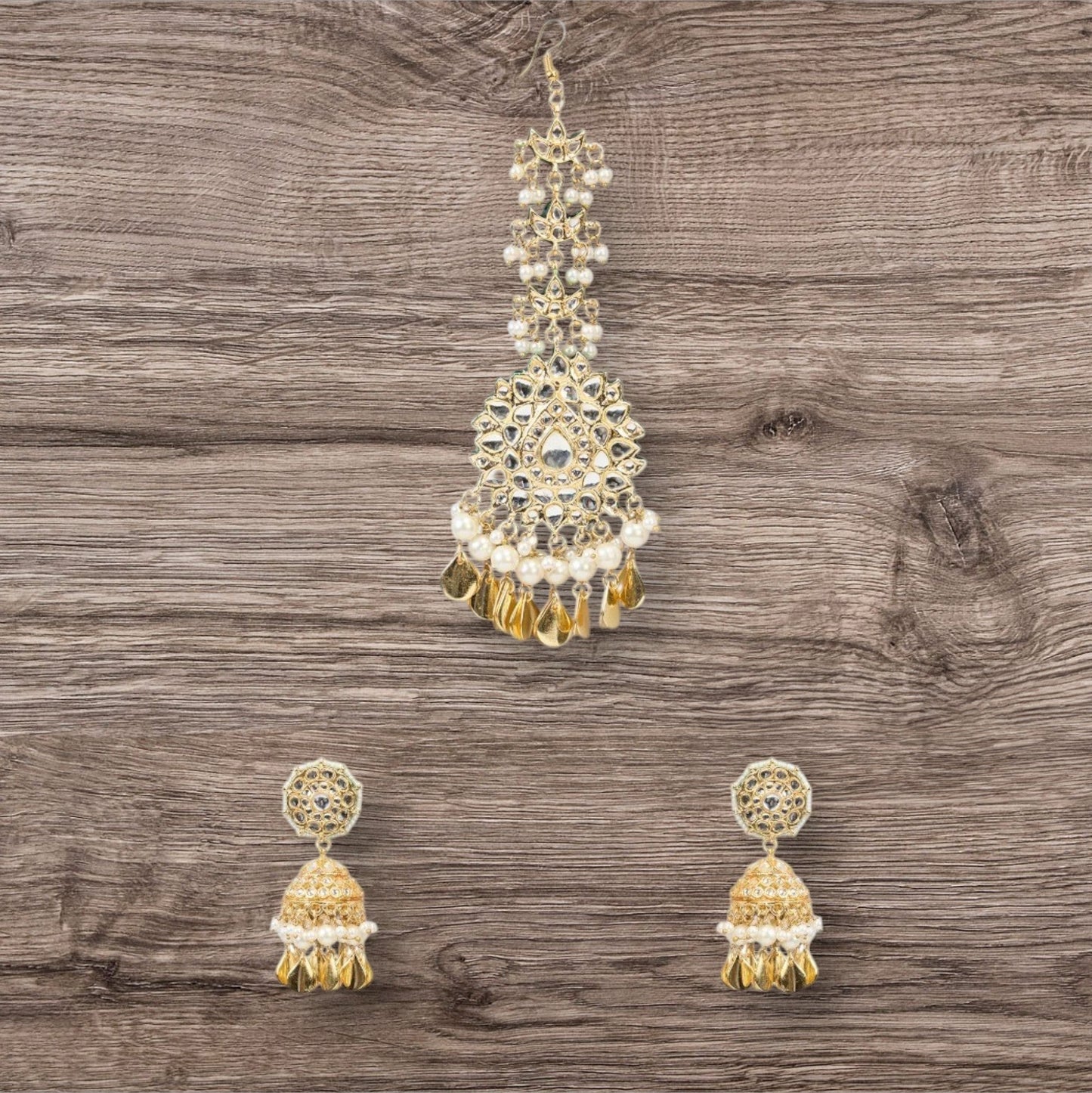 Gold - Plated Kundan Jhumka Earrings with Maang Tikka Set - Auraa Trends - Earring Set - # - Auraa Trends - Gold - Plated Kundan Jhumka Earrings with Maang Tikka Set