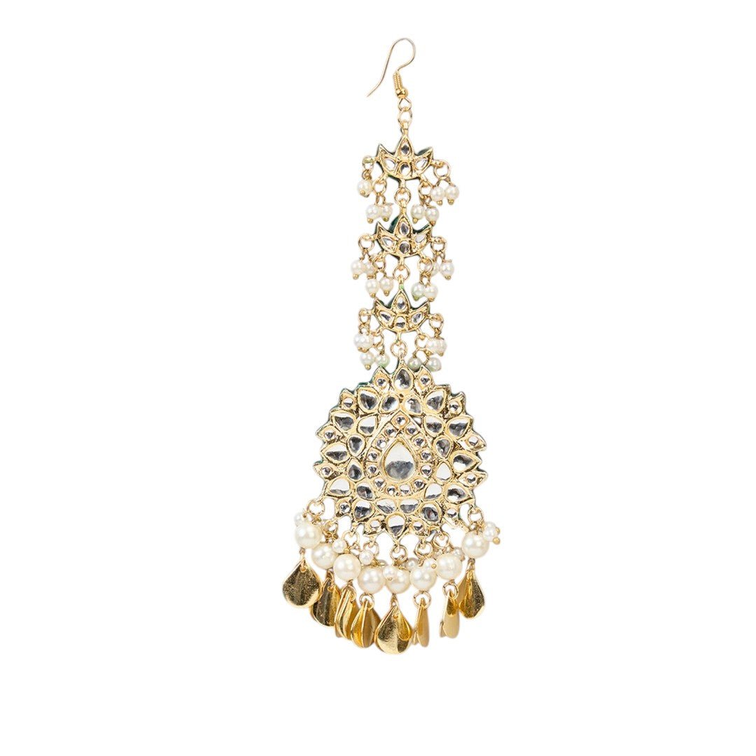 Gold - Plated Kundan Jhumka Earrings with Maang Tikka Set - Auraa Trends - Earring Set - # - Auraa Trends - Gold - Plated Kundan Jhumka Earrings with Maang Tikka Set