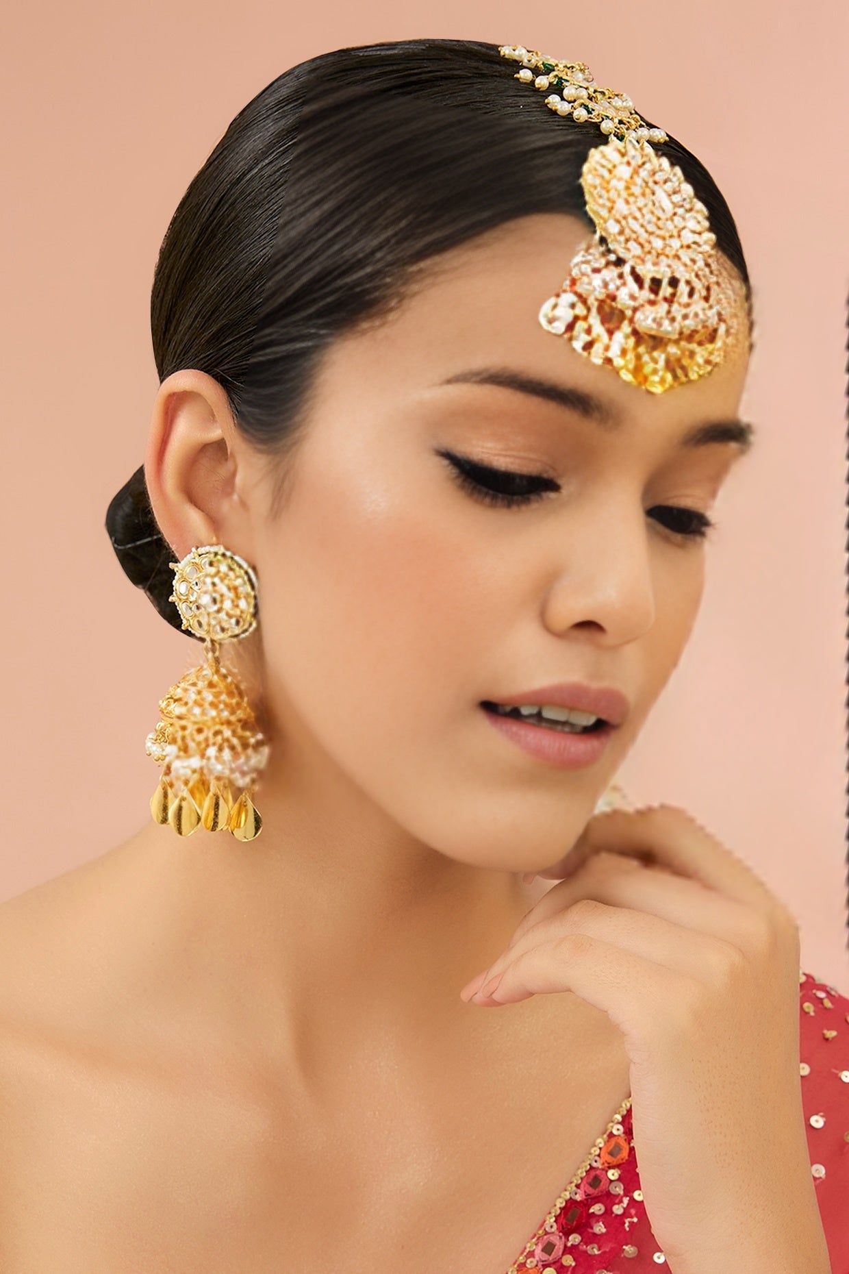 Gold - Plated Kundan Jhumka Earrings with Maang Tikka Set - Auraa Trends - Earring Set - # - Auraa Trends - Gold - Plated Kundan Jhumka Earrings with Maang Tikka Set