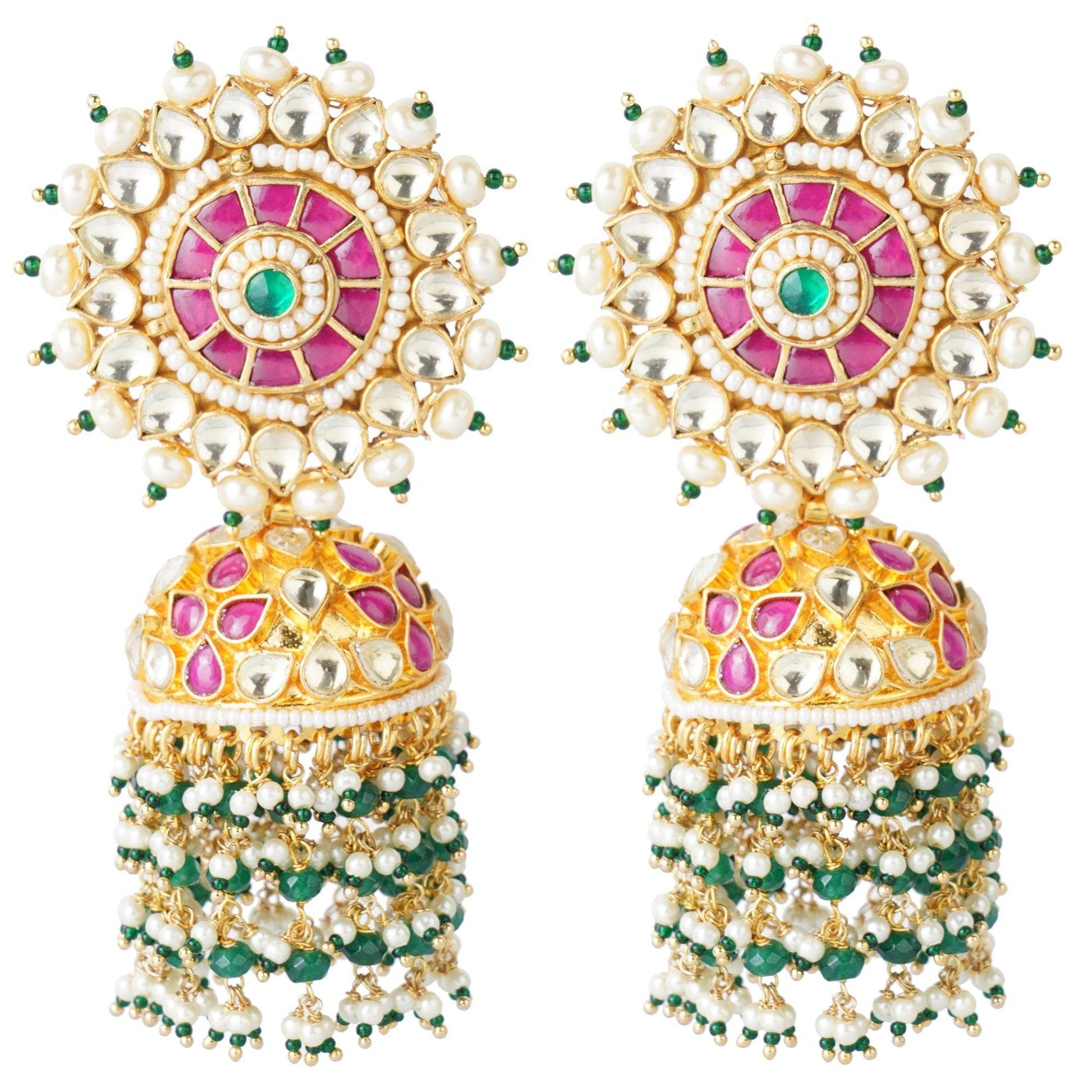 Gold-Plated Kundan Jhumka Earrings with Pink & Green Stones - Auraa Trends