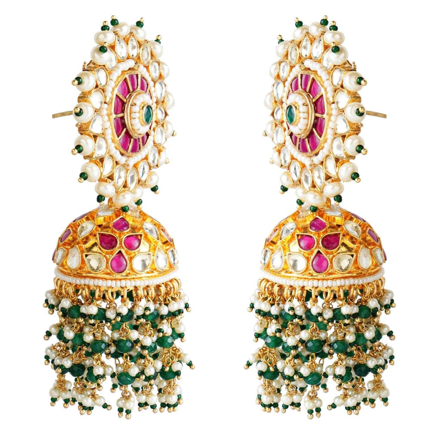 Gold-Plated Kundan Jhumka Earrings with Pink & Green Stones