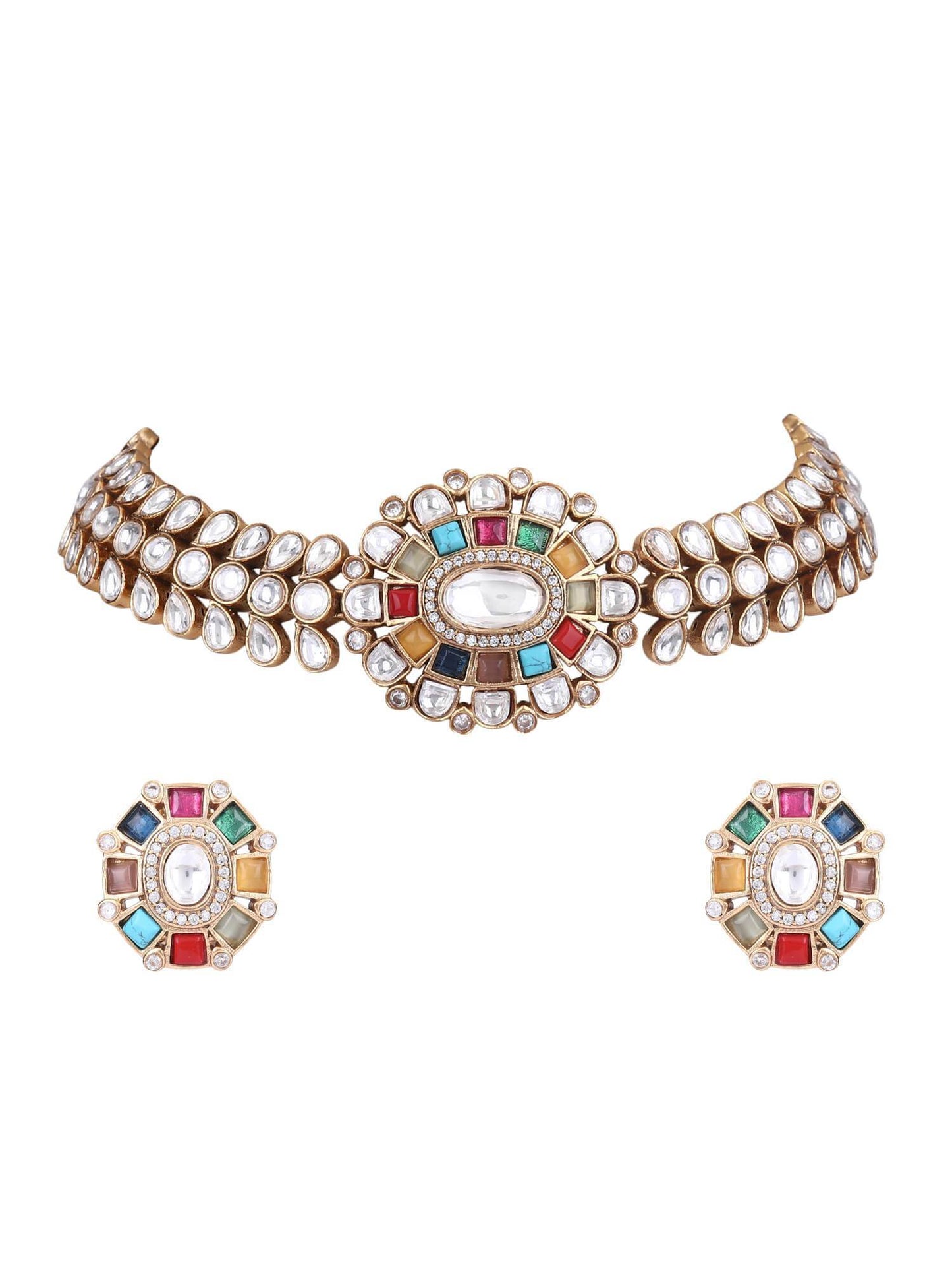Gold Plated Kundan Navratna Choker Necklace Set 22KT - Auraa Trends