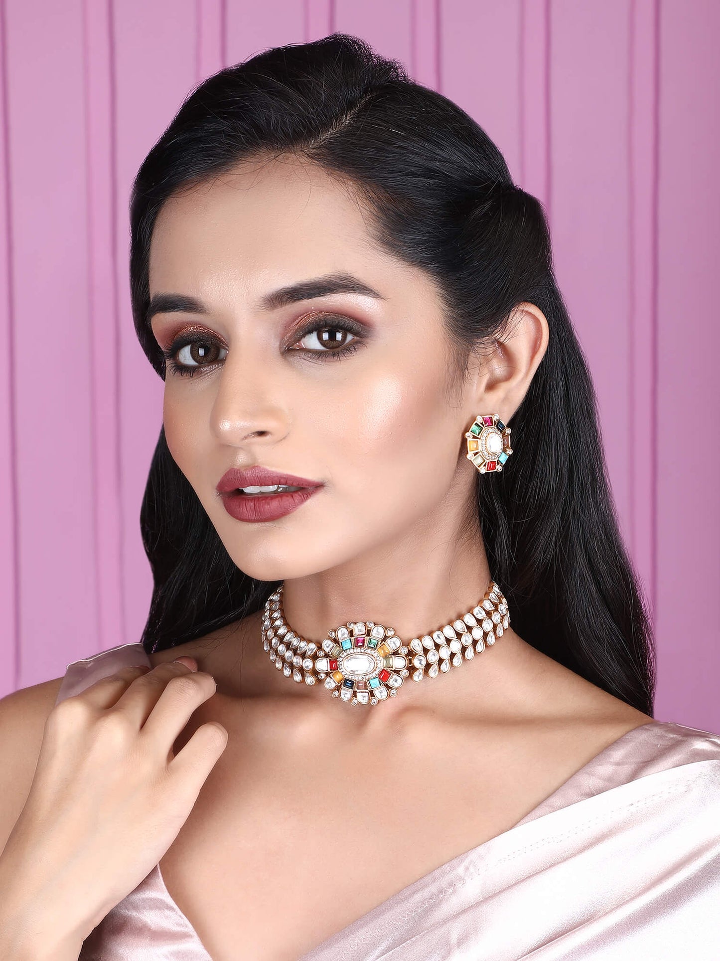 Gold Plated Kundan Navratna Choker Necklace Set 22KT - Auraa Trends - Choker Aura Trends Choker choker set for women