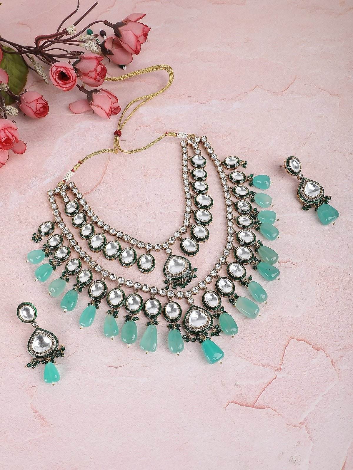 Gold-Plated Kundan Necklace Set with Green Bead Drops - Auraa Trends