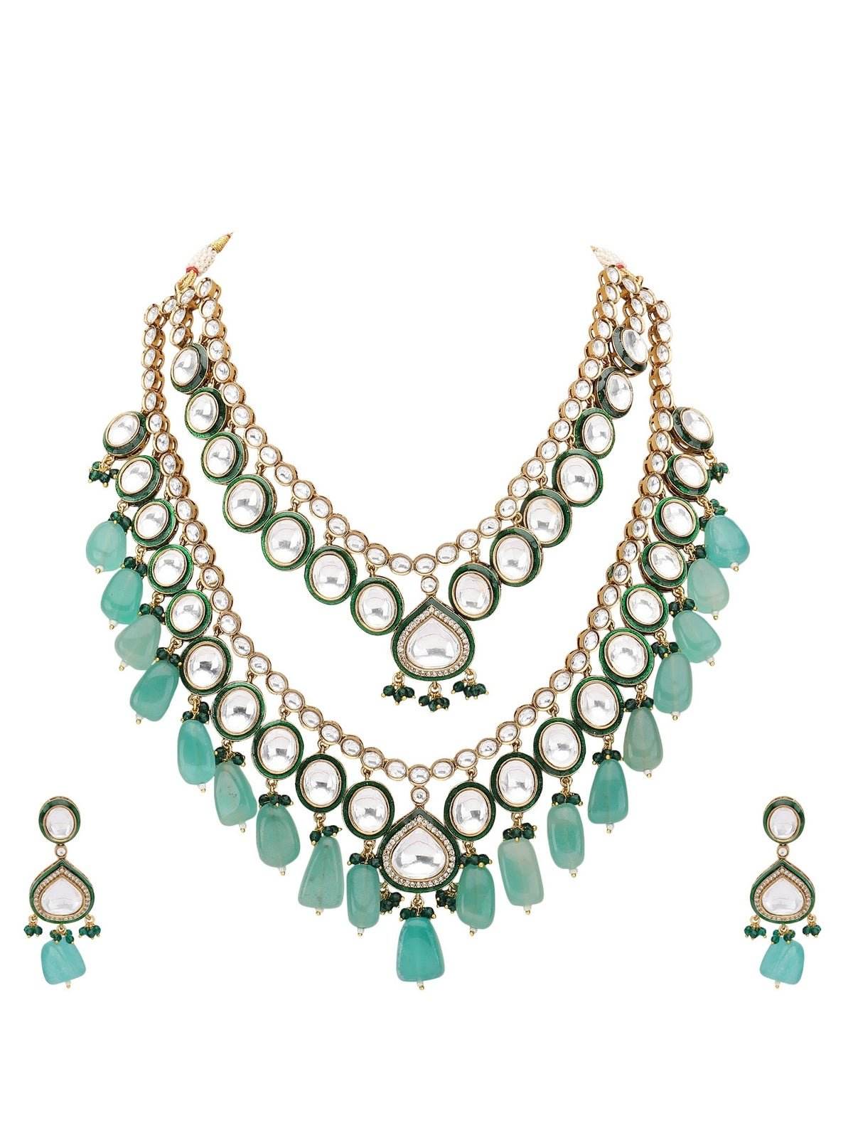 Gold-Plated Kundan Necklace Set with Green Bead Drops - Auraa Trends