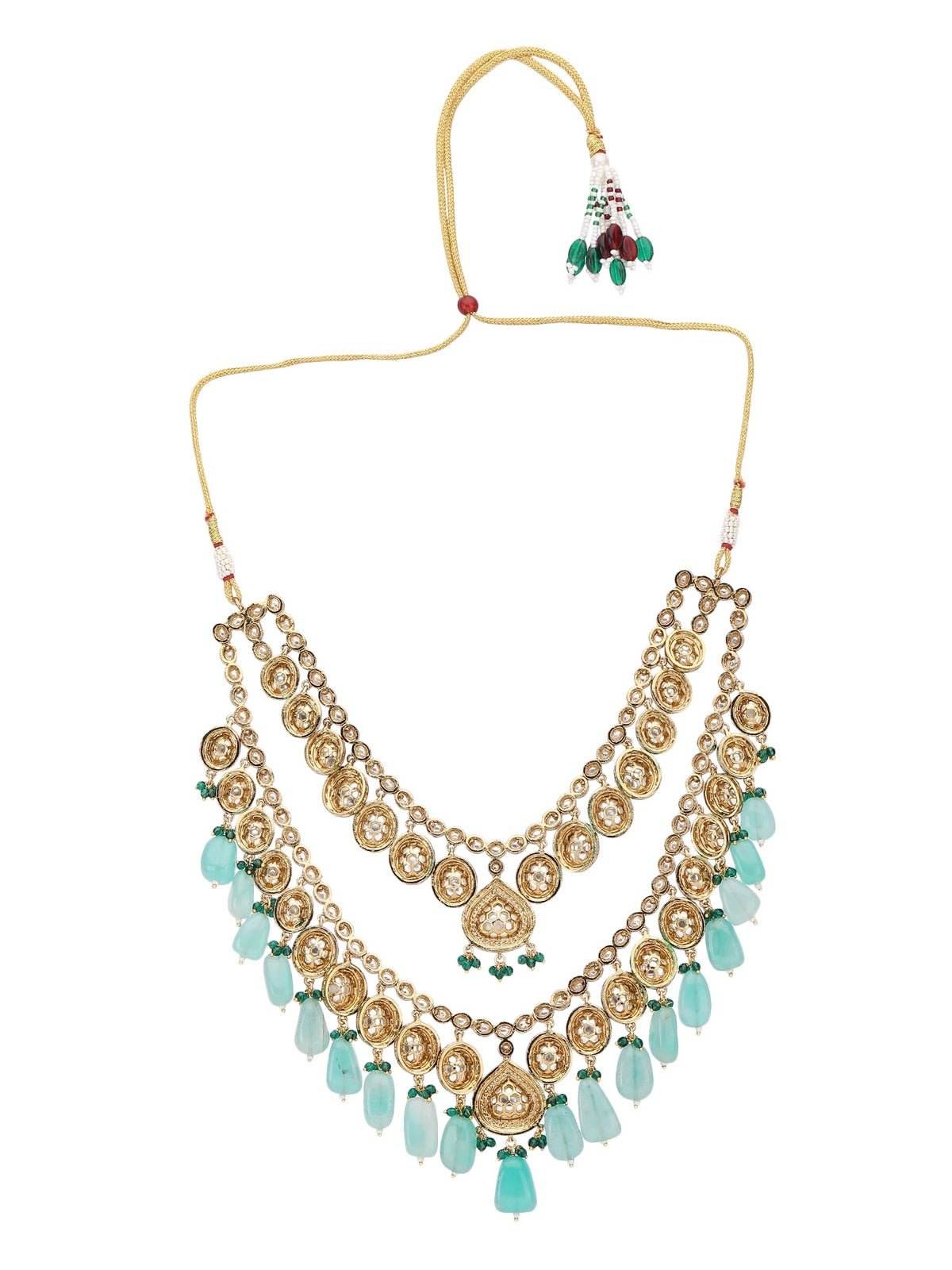Gold-Plated Kundan Necklace Set with Green Bead Drops - Auraa Trends