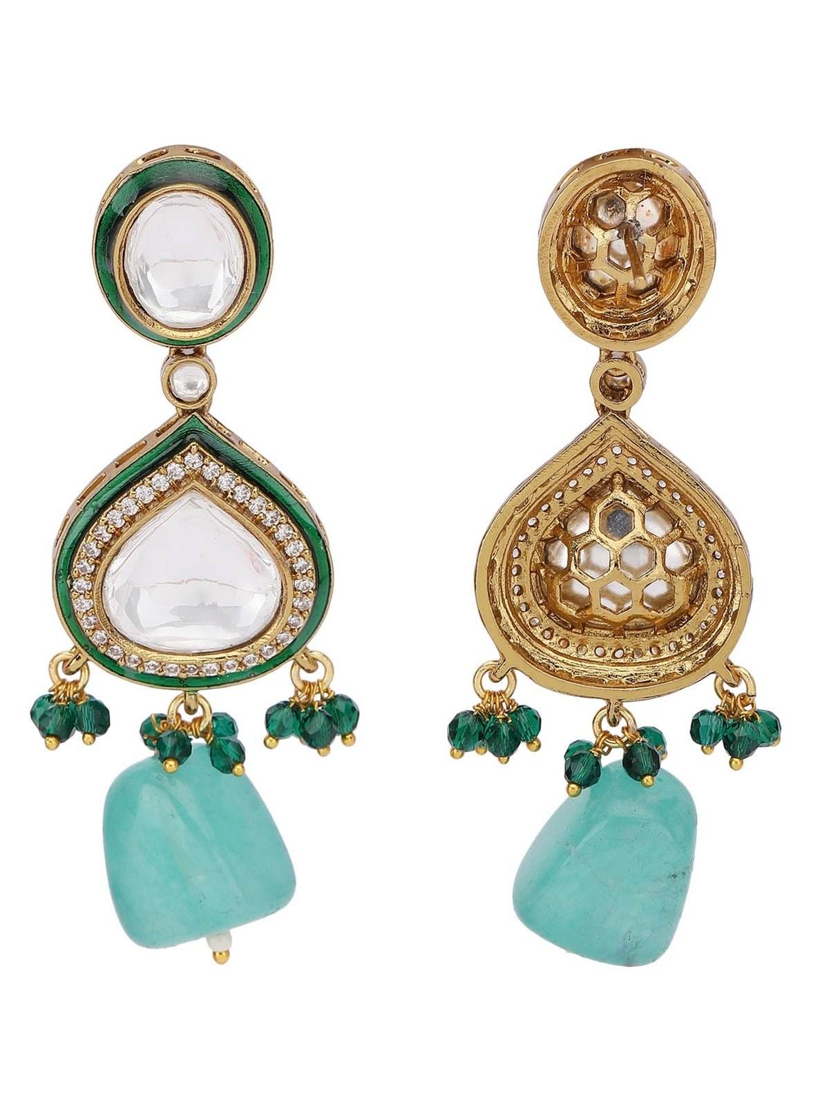 Gold-Plated Kundan Necklace Set with Green Bead Drops - Auraa Trends