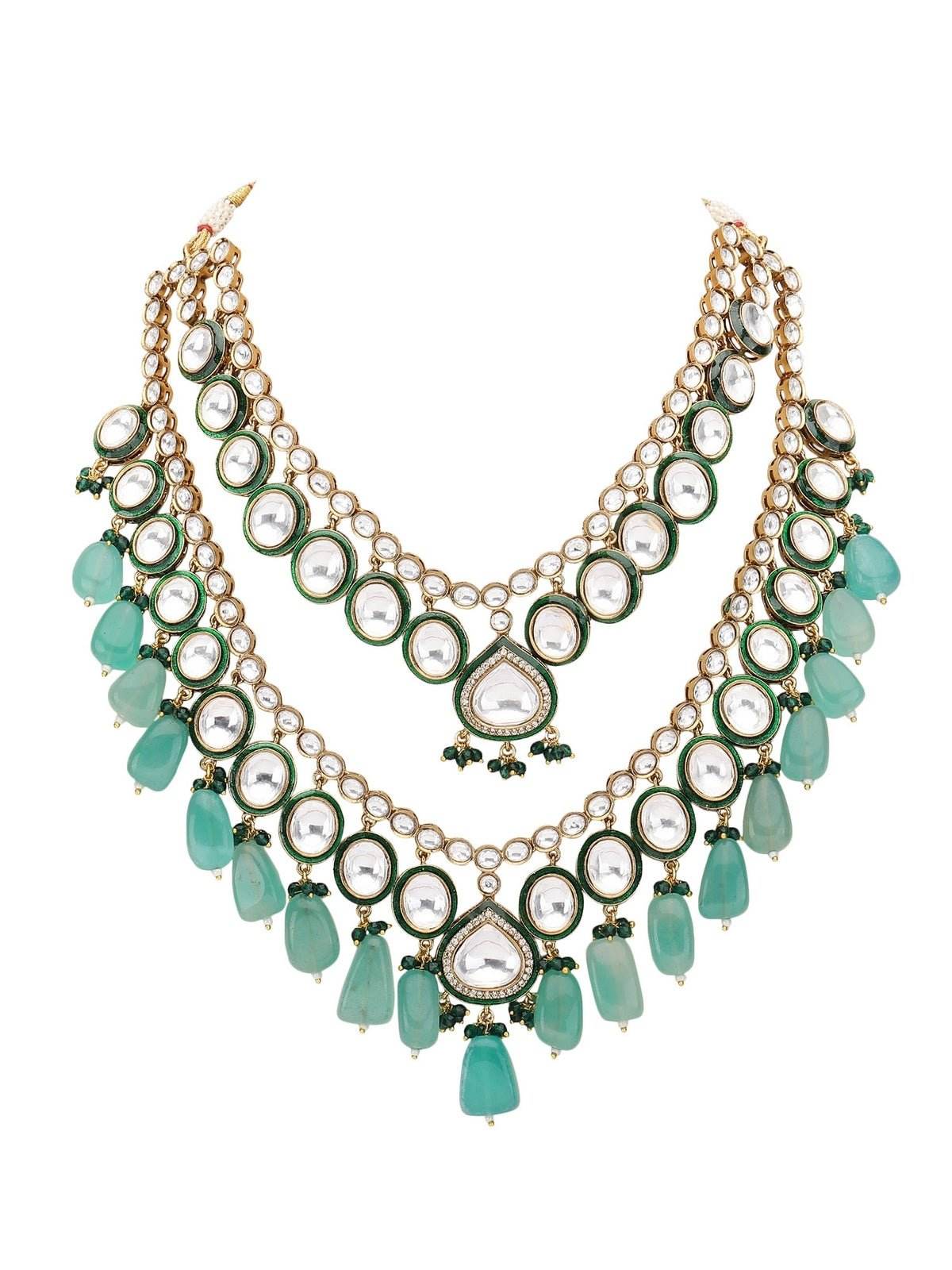 Gold-Plated Kundan Necklace Set with Green Bead Drops - Auraa Trends