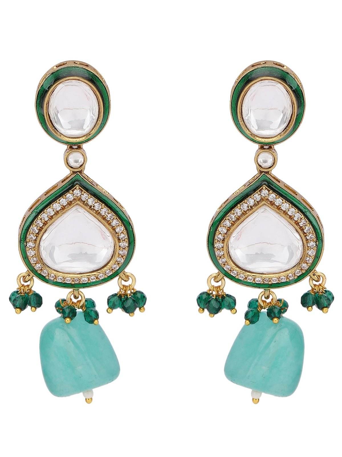 Gold-Plated Kundan Necklace Set with Green Bead Drops - Auraa Trends