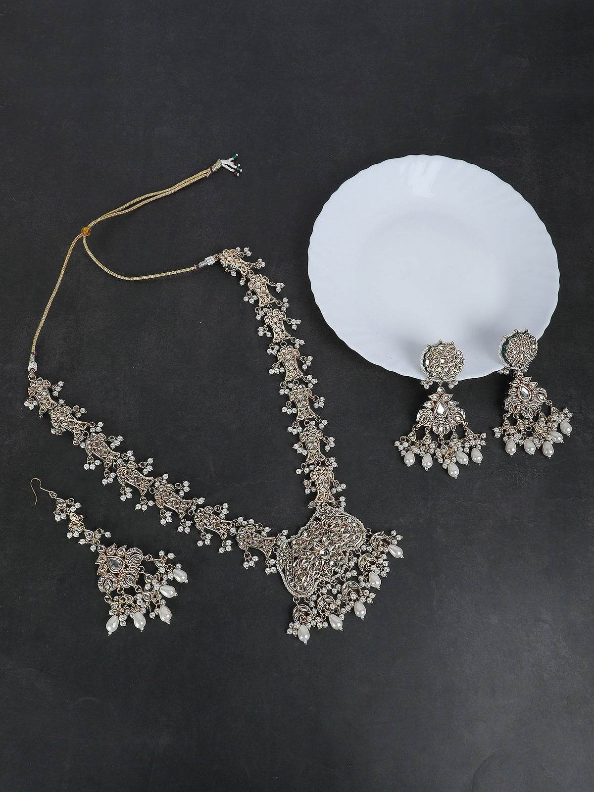 Gold-Plated Kundan Necklace Set with Pearl Accents - Auraa Trends