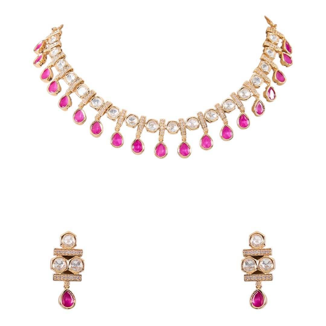 Gold-Plated Kundan Necklace Set with Ruby Pink Drop Stones & Studded Earrings - Auraa Trends