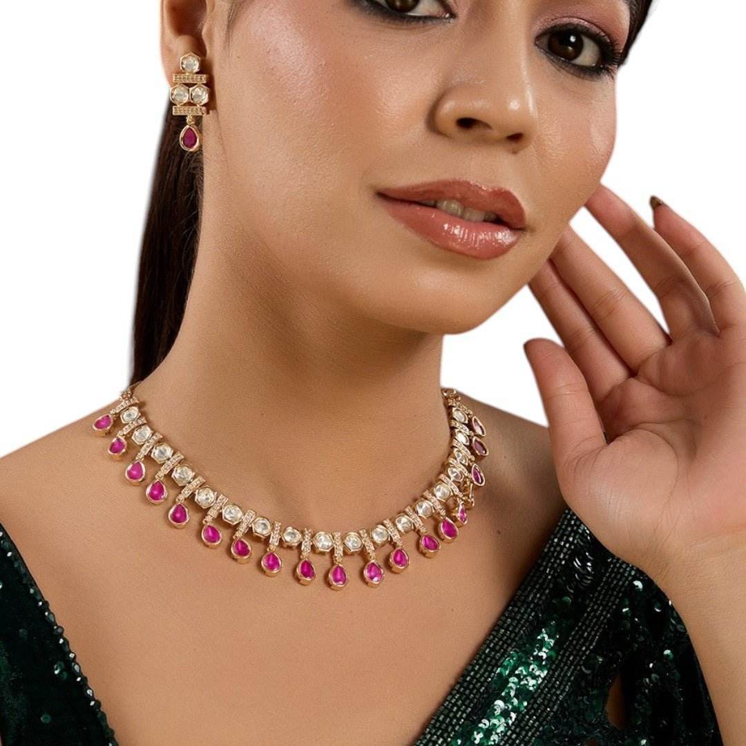 Gold-Plated Kundan Necklace Set with Ruby Pink Drop Stones & Studded Earrings - Auraa Trends