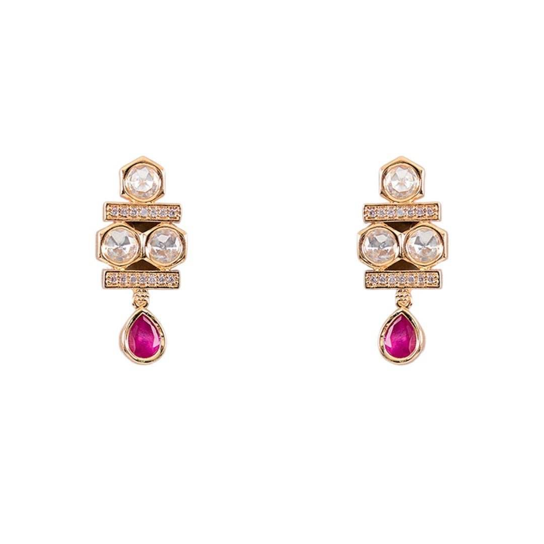 Gold-Plated Kundan Necklace Set with Ruby Pink Drop Stones & Studded Earrings - Auraa Trends