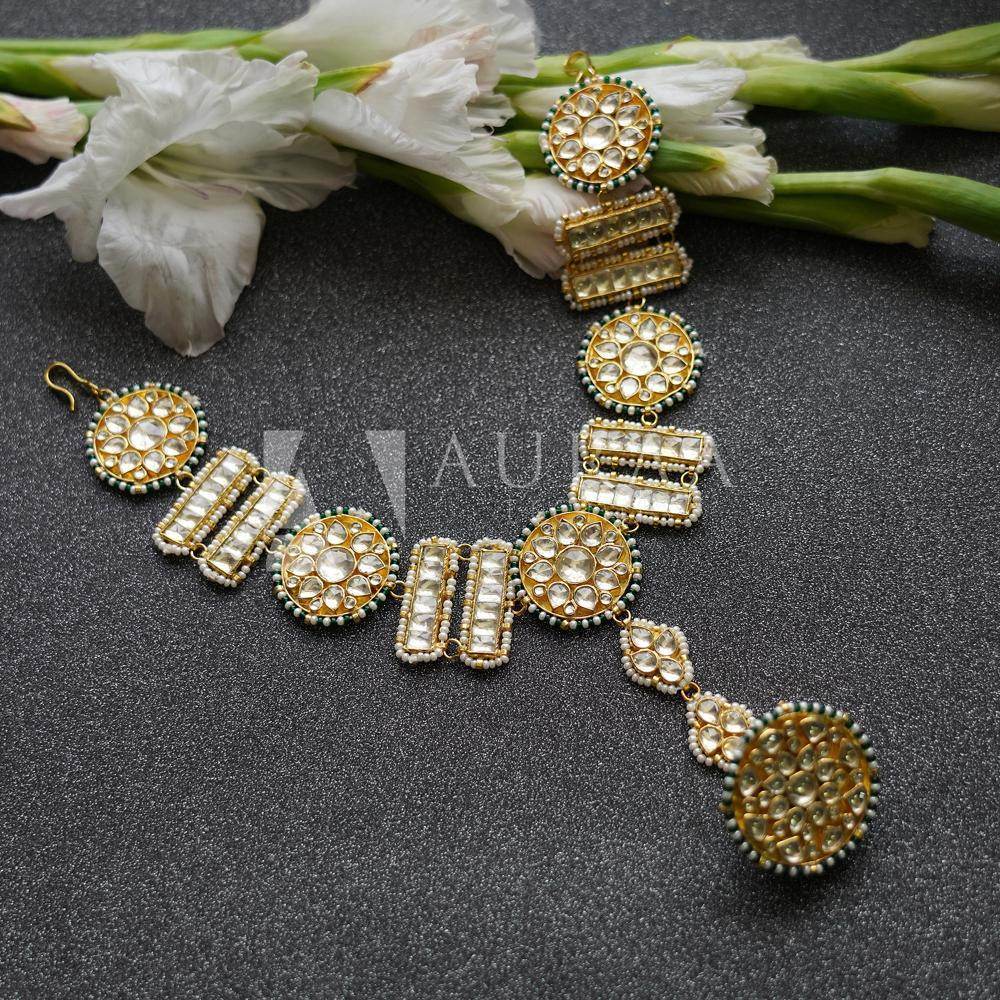 Gold-Plated Kundan & Pearl Bridal Mathapatti - Auraa Trends