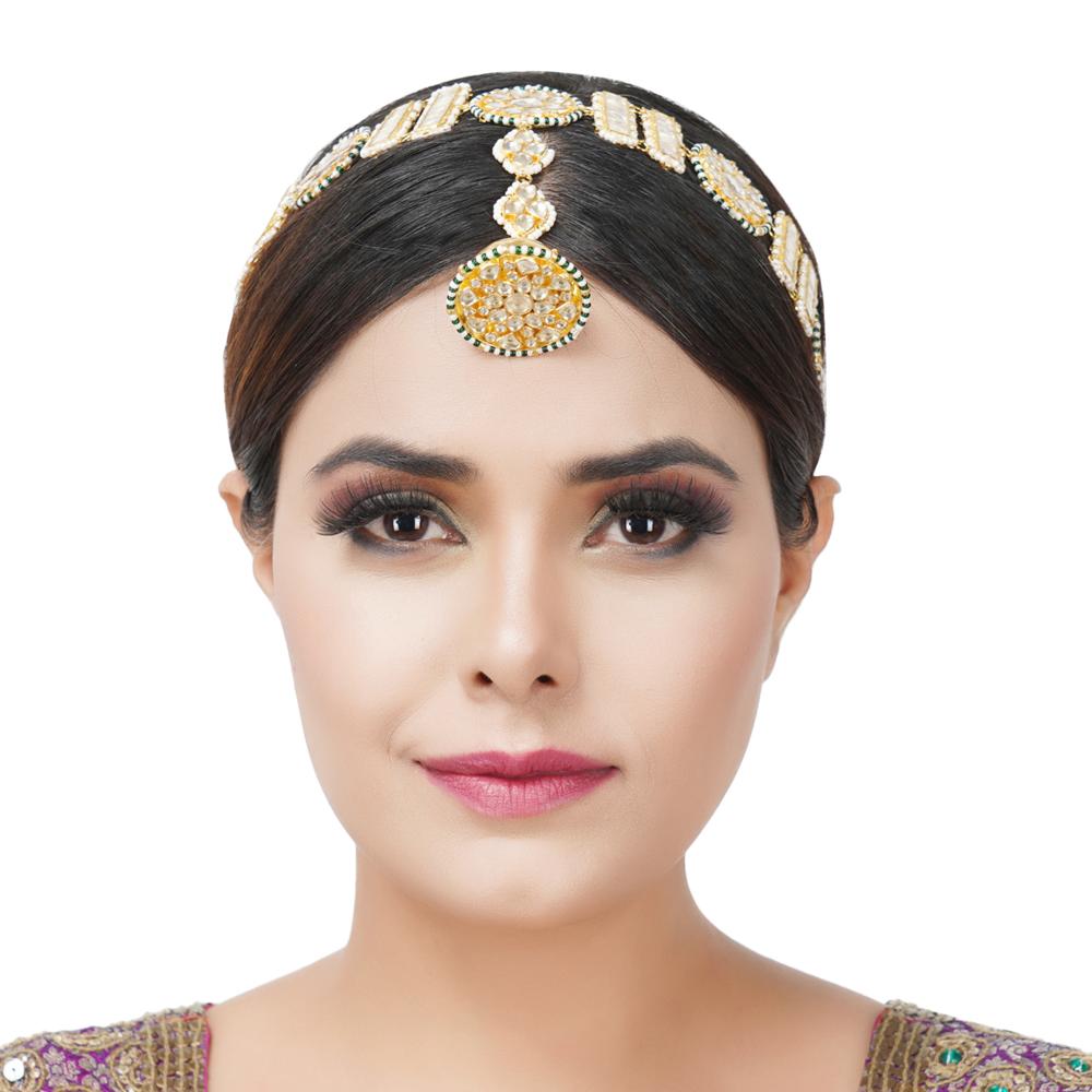 Gold-Plated Kundan & Pearl Bridal Mathapatti - Auraa Trends - Mathapati - Shop Gold-Plated Kundan & Pearl Bridal Matha Patti