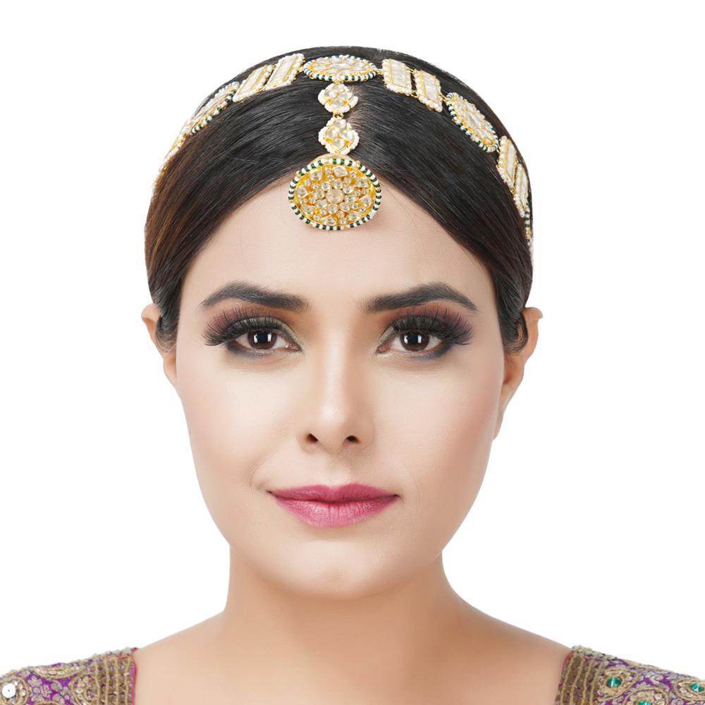 Gold-Plated Kundan & Pearl Bridal Mathapatti - Auraa Trends