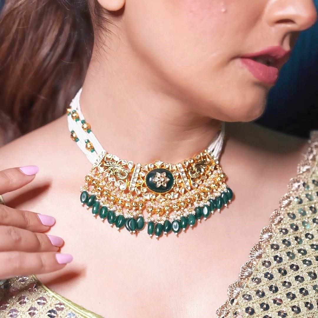 Gold Plated Kundan Polki Choker Necklace Set - Auraa Trends