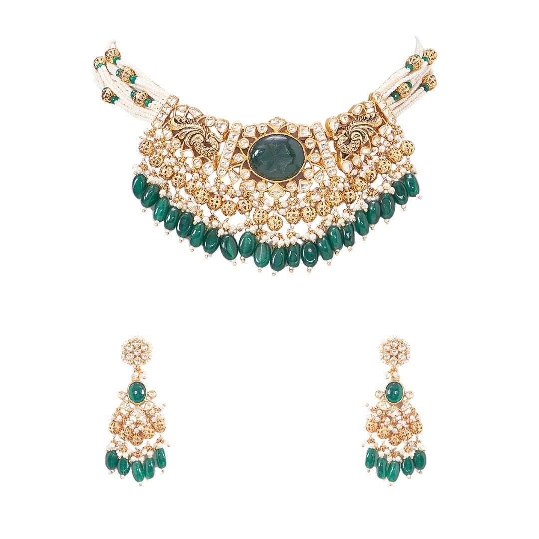 Gold Plated Kundan Polki Choker Necklace Set - Auraa Trends