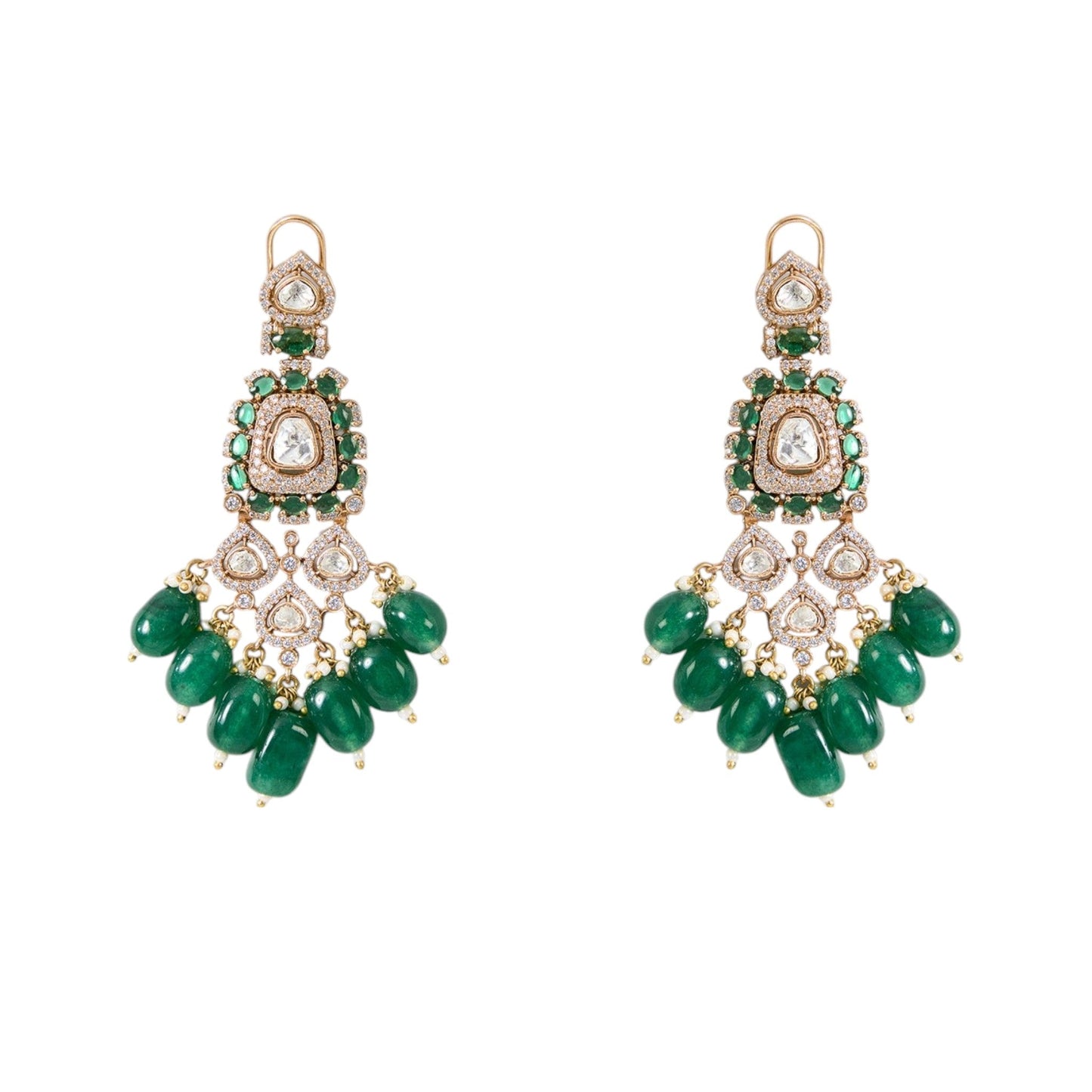 Gold Plated Kundan Polki Choker Set with Emerald Green Beads โ Ethnic Wedding Jewelry - Auraa Trends - Necklace - - Auraa Trends - Gold Plated Kundan Polki Choker Set with Emerald Green Beads โ Ethnic Wedding Jewelry