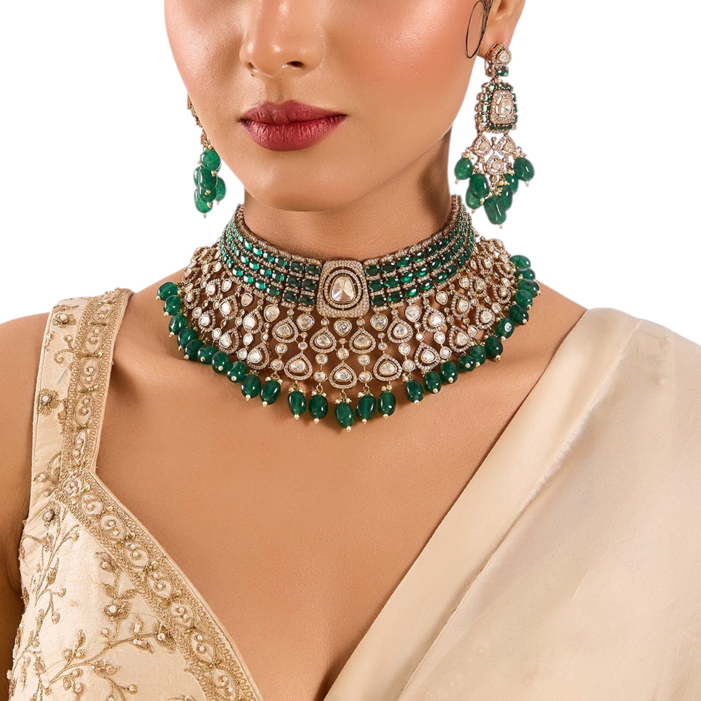 Gold Plated Kundan Polki Choker Set with Emerald Green Beads โ Ethnic Wedding Jewelry - Auraa Trends - Necklace - - Auraa Trends - Gold Plated Kundan Polki Choker Set with Emerald Green Beads โ Ethnic Wedding Jewelry