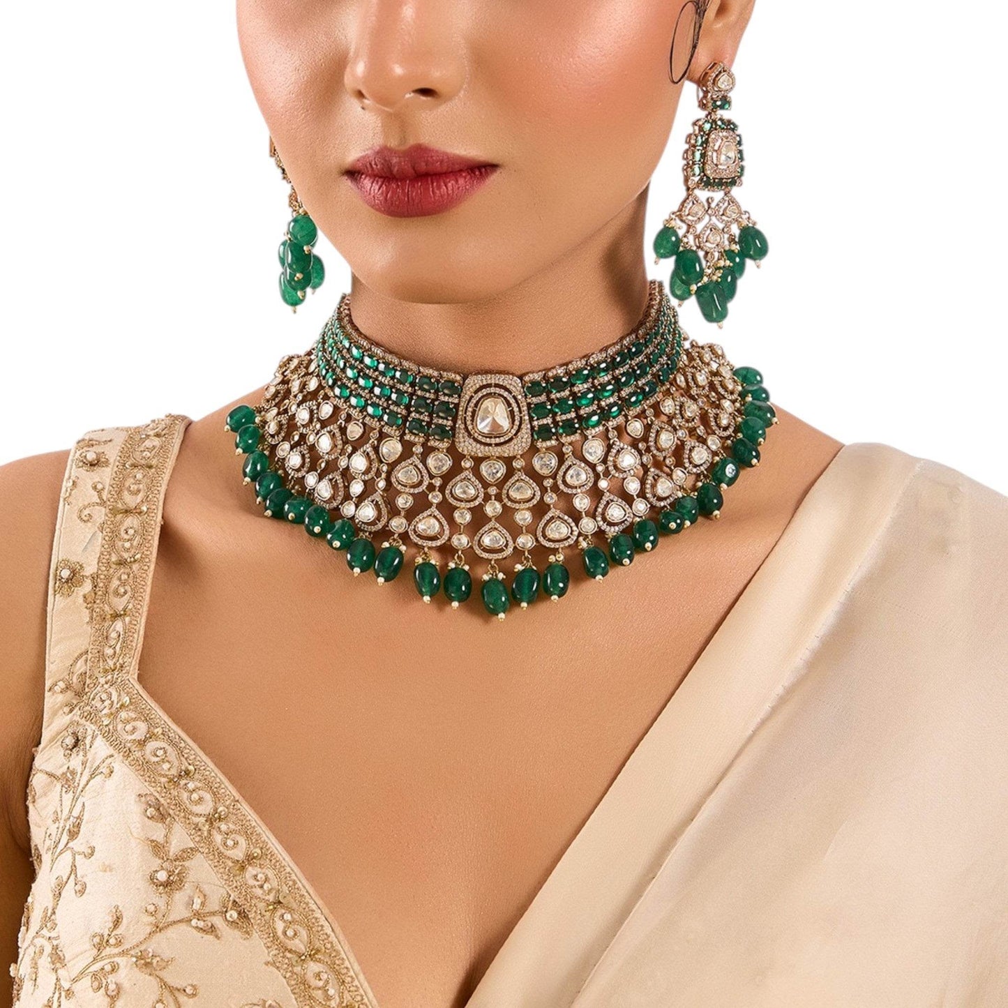 Gold Plated Kundan Polki Choker Set with Emerald Green Beads – Ethnic Wedding Jewelry - Auraa Trends