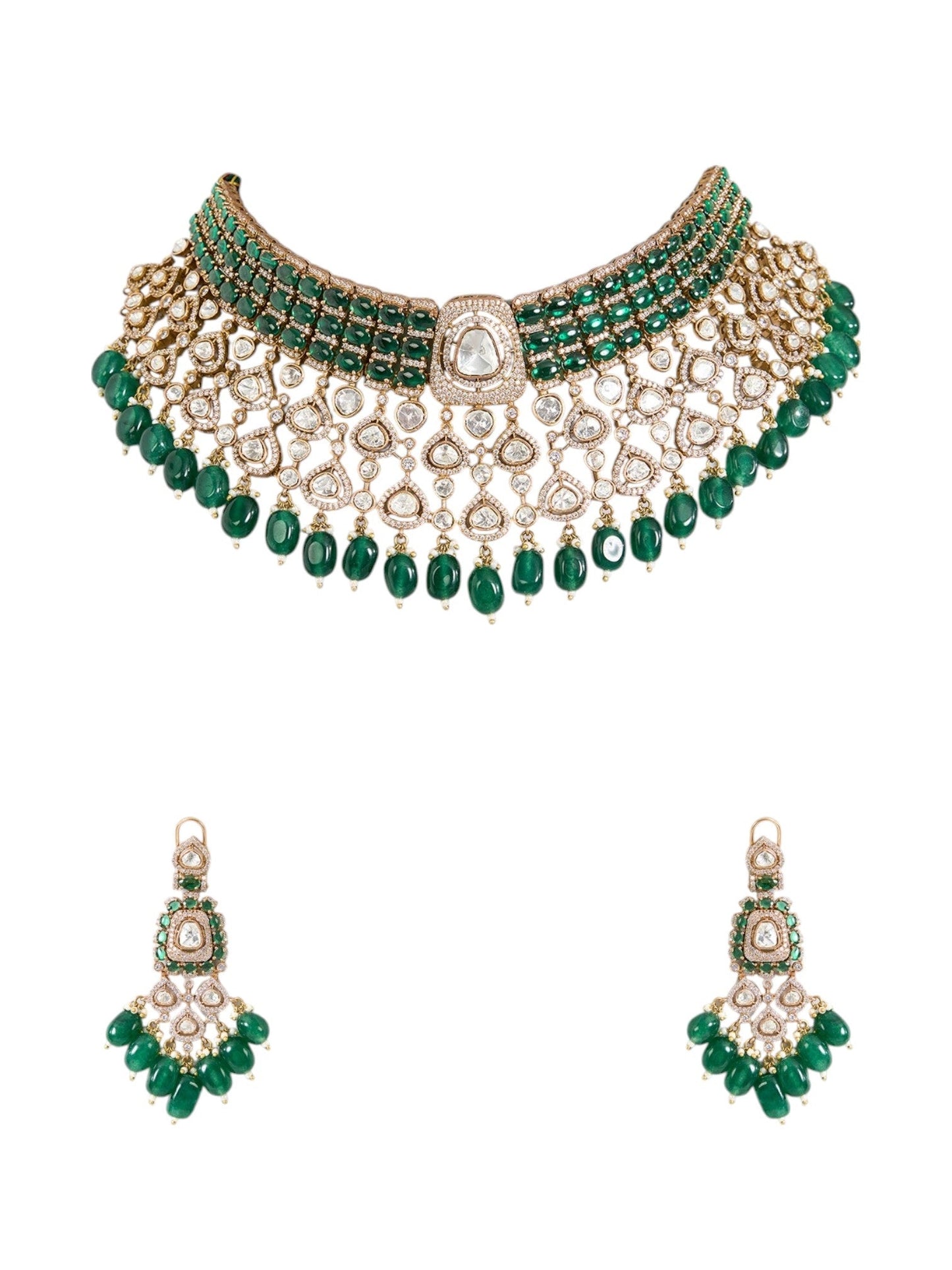 Gold Plated Kundan Polki Choker Set with Emerald Green Beads โ Ethnic Wedding Jewelry - Auraa Trends - Necklace - - Auraa Trends - Gold Plated Kundan Polki Choker Set with Emerald Green Beads โ Ethnic Wedding Jewelry