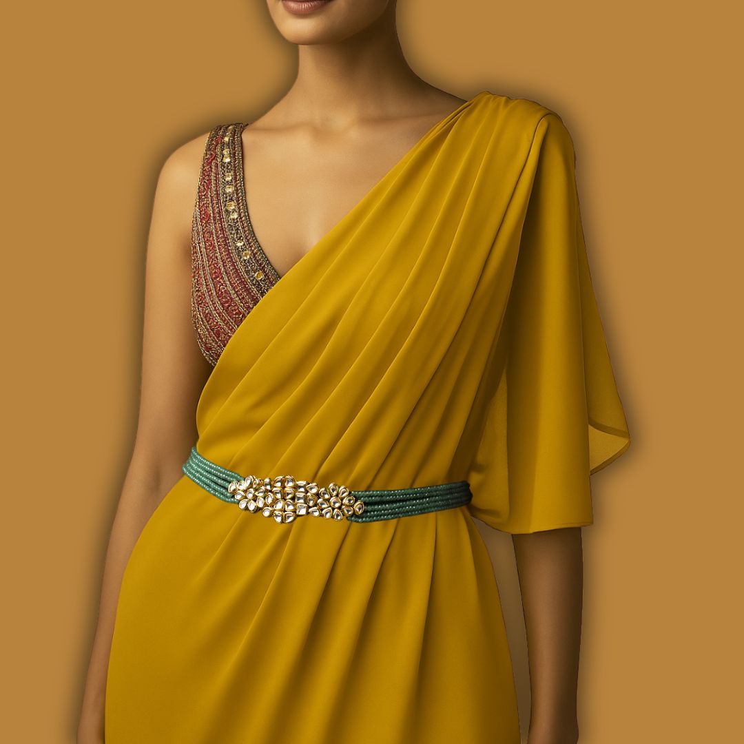 Gold Plated Kundan Polki & Green Handcrafted Waist Belt - Auraa Trends - Gold Plated Kundan Polki & Green Handcrafted Waist