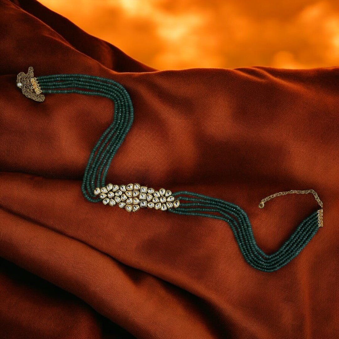 Gold Plated Kundan Polki & Green Handcrafted Waist Belt - Auraa Trends - Gold Plated Kundan Polki & Green Handcrafted Waist