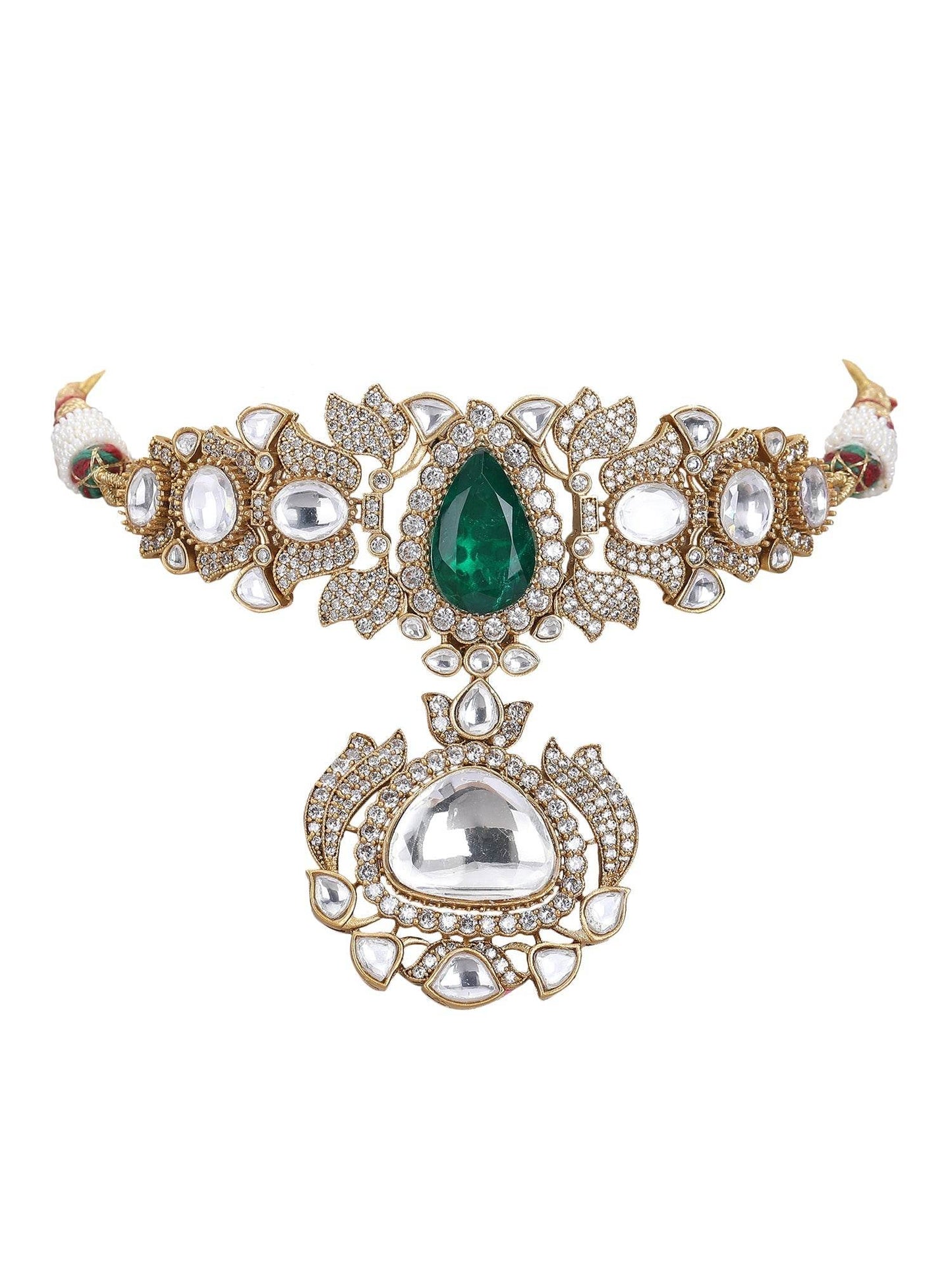 Gold Plated Kundan Polki & Green Stone Choker Necklace Set - Auraa Trends