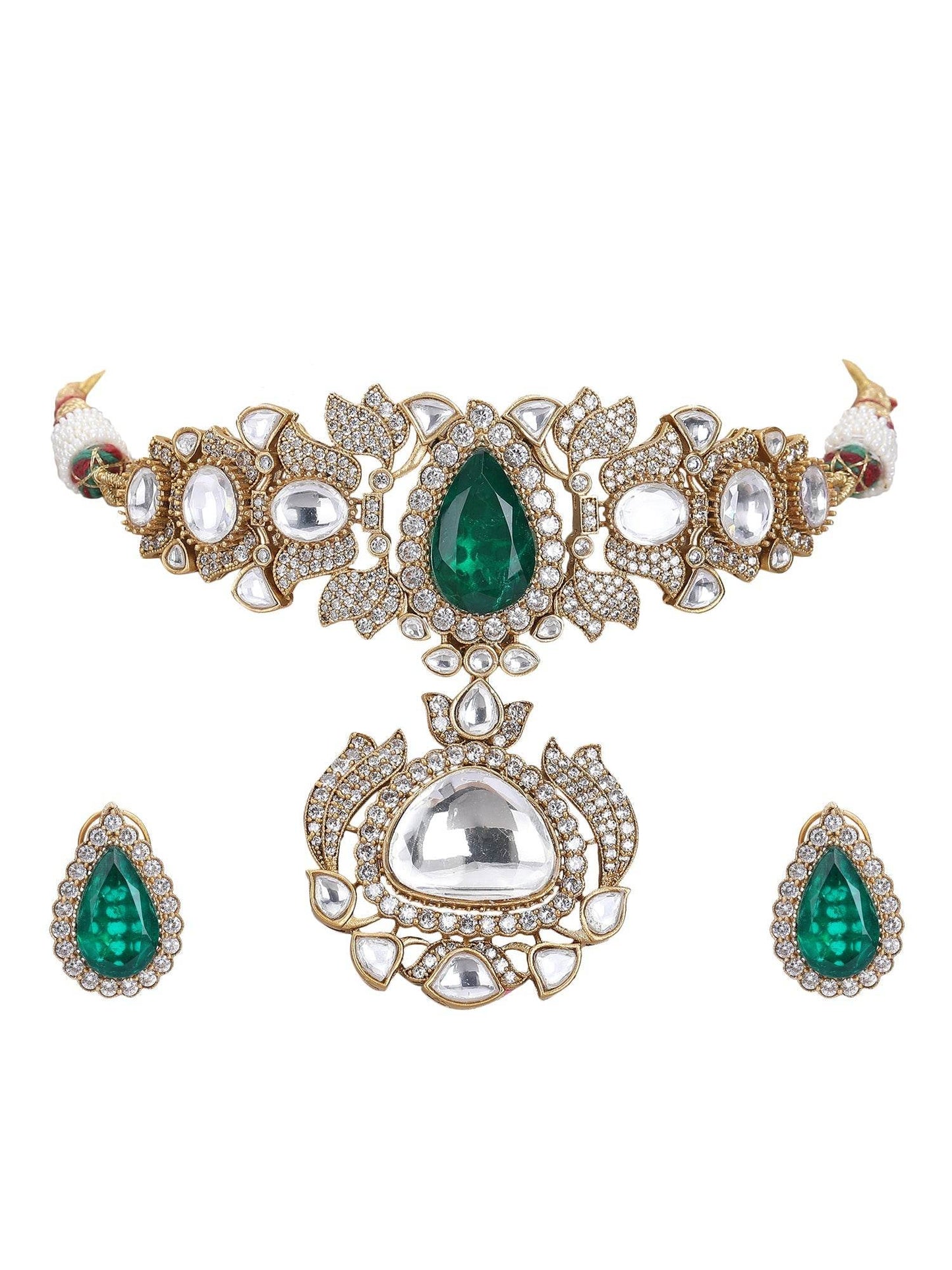 Gold Plated Kundan Polki & Green Stone Choker Necklace Set - Auraa Trends