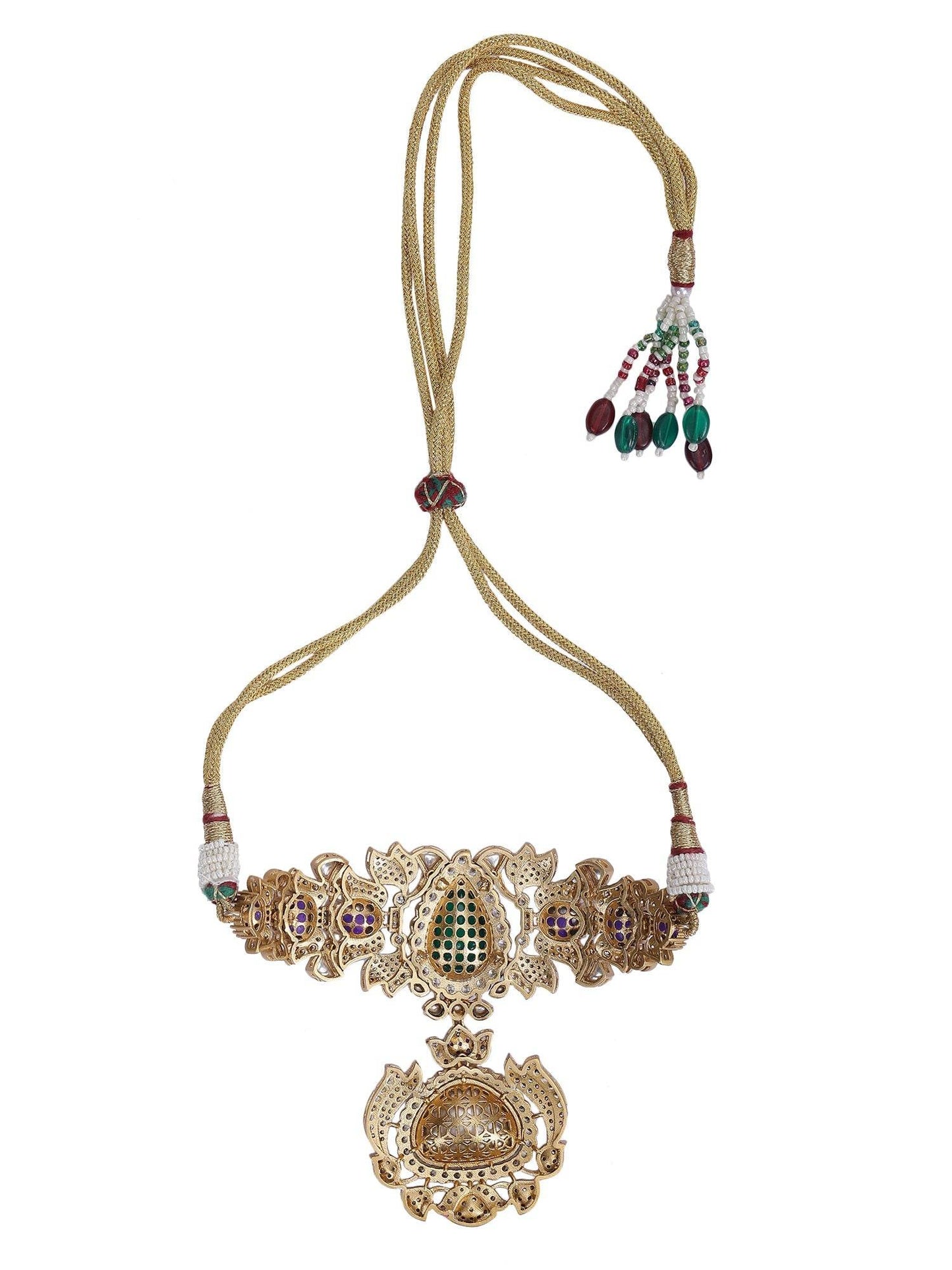 Gold Plated Kundan Polki & Green Stone Choker Necklace Set - Auraa Trends