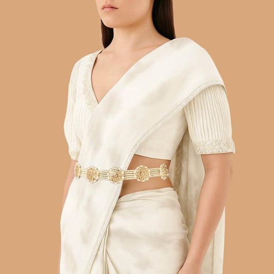 Gold Plated Kundan Polki Waist Belt with Floral Detailing - Auraa Trends
