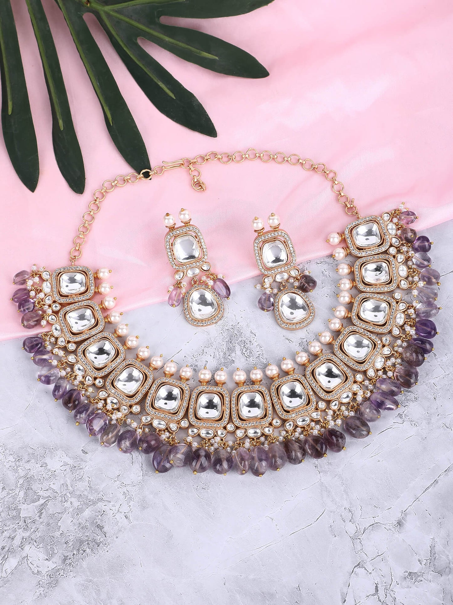 Gold Plated Kundan Purple Beads Necklace Set - Auraa Trends - Necklace Set -22KT Gold Plated Kundan Purple Beads Necklace Set
