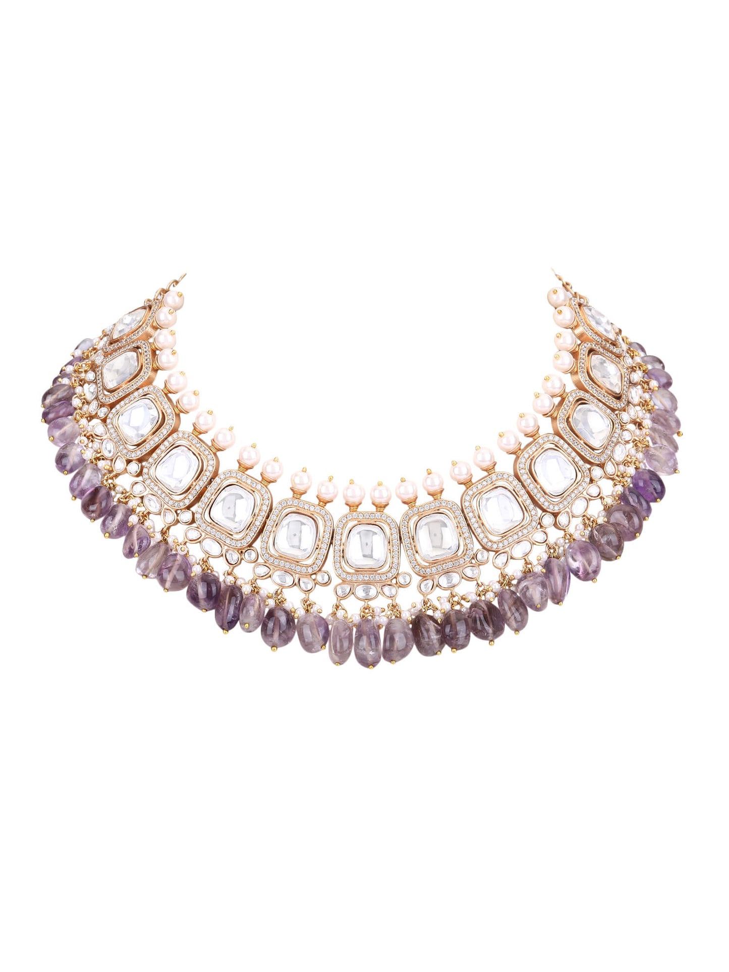 Gold Plated Kundan Purple Beads Necklace Set - Auraa Trends - 22KT Gold Plated Kundan Purple Beads Necklace Set for women