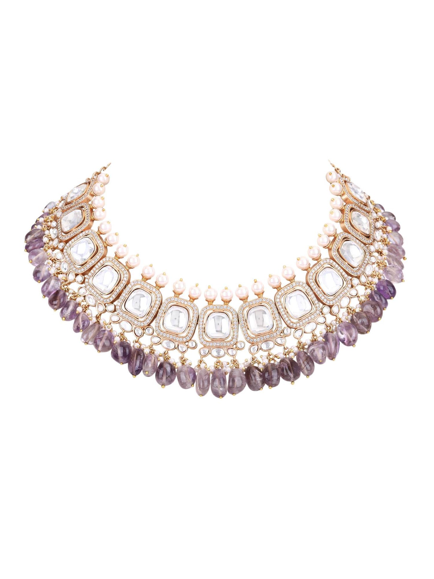 Gold Plated Kundan Purple Beads Necklace Set - Auraa Trends