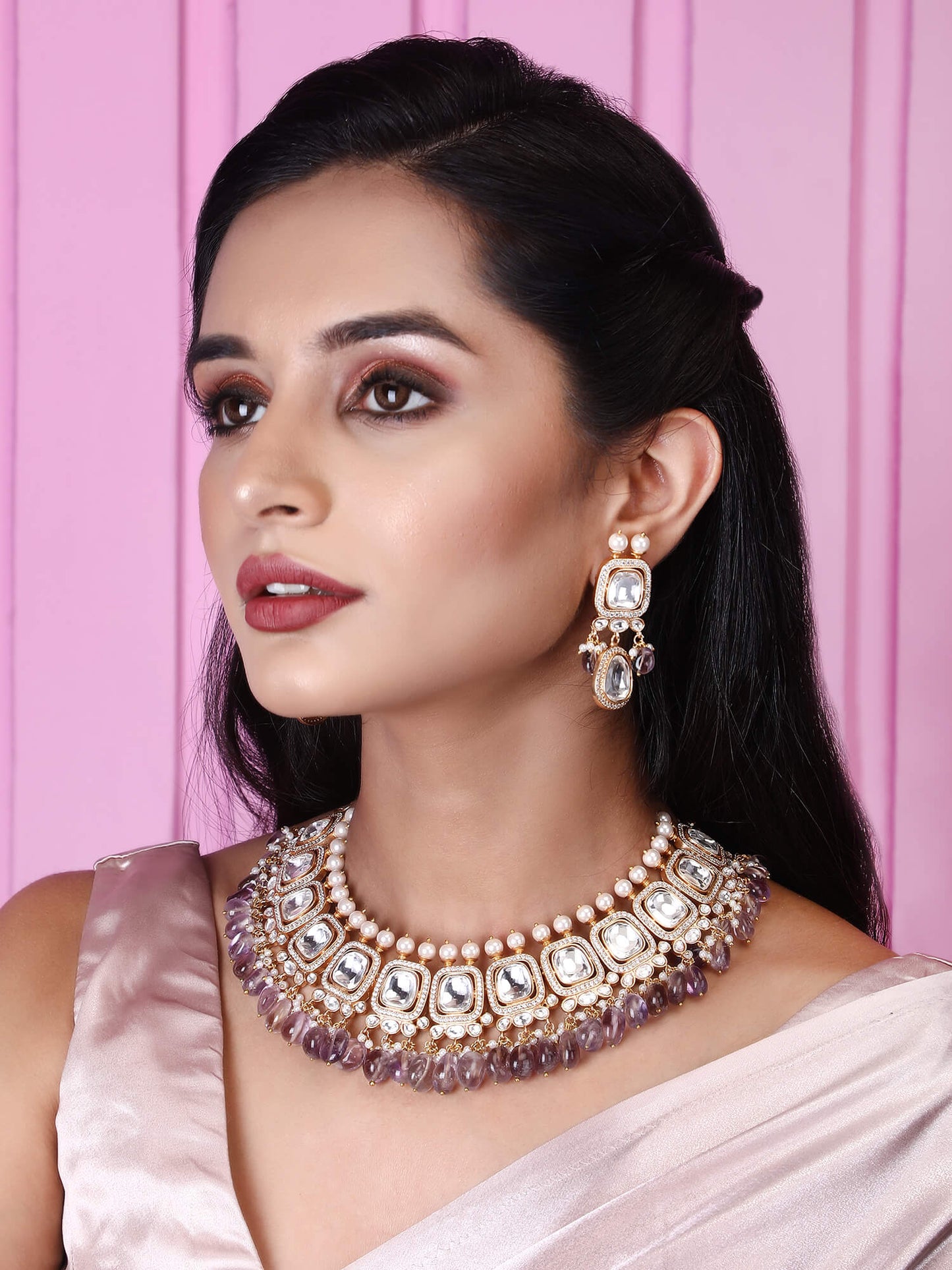 Gold Plated Kundan Purple Beads Necklace Set - Auraa Trends - Necklace Set -22KT Gold Plated Kundan Purple Beads Necklace Set