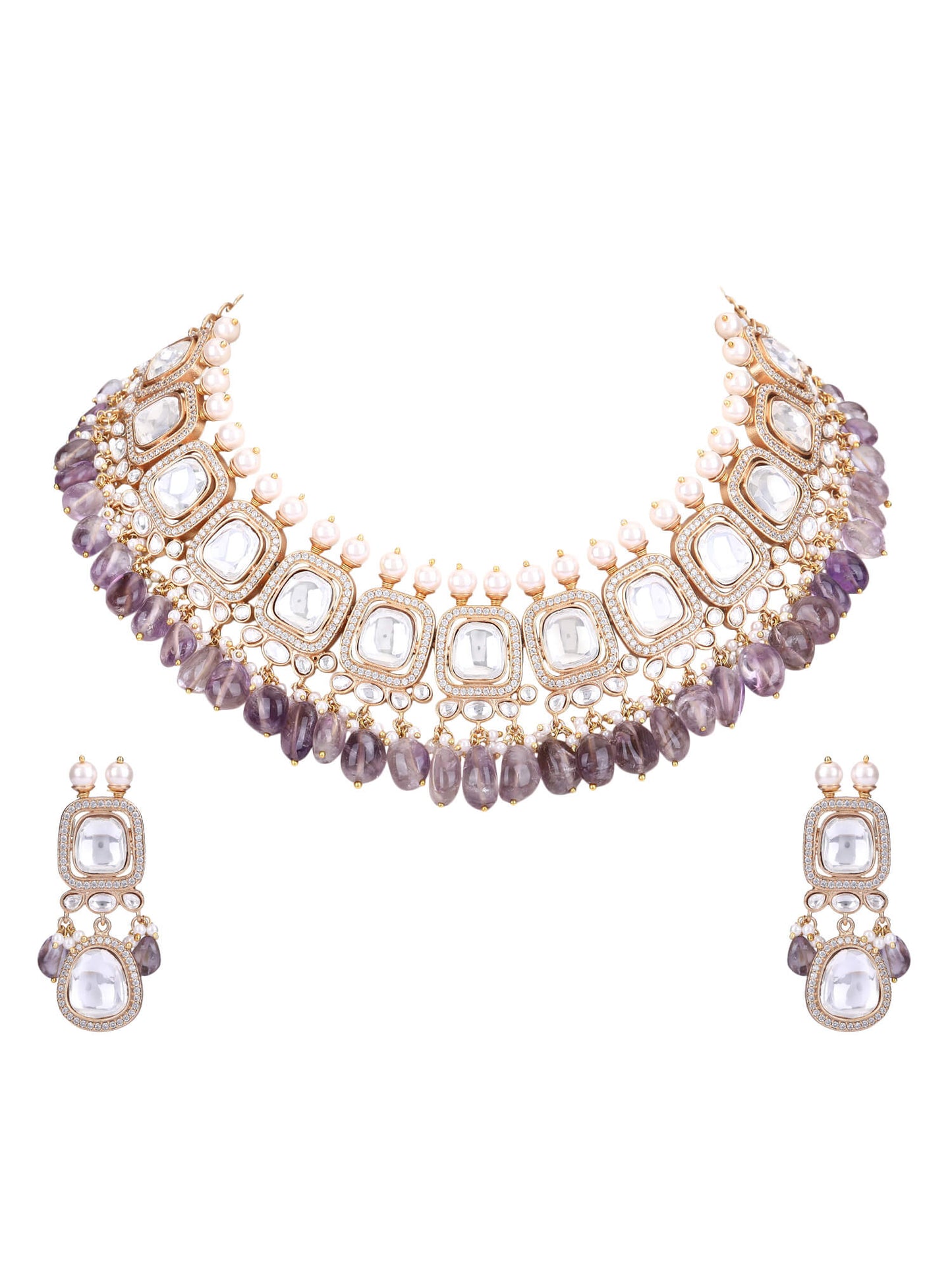 Gold Plated Kundan Purple Beads Necklace Set - Auraa Trends - 22KT Gold Plated Kundan Purple Beads Necklace Set for girls