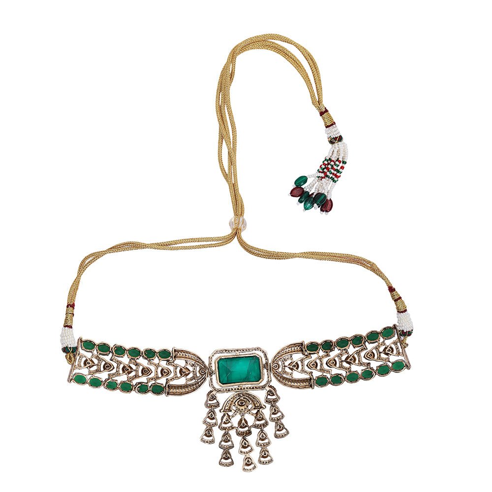 Gold - Plated Kundan - Studded & Beaded Jewellery Set - Auraa Trends - Gold - Plated Kundan - Studded & Beaded necklace set