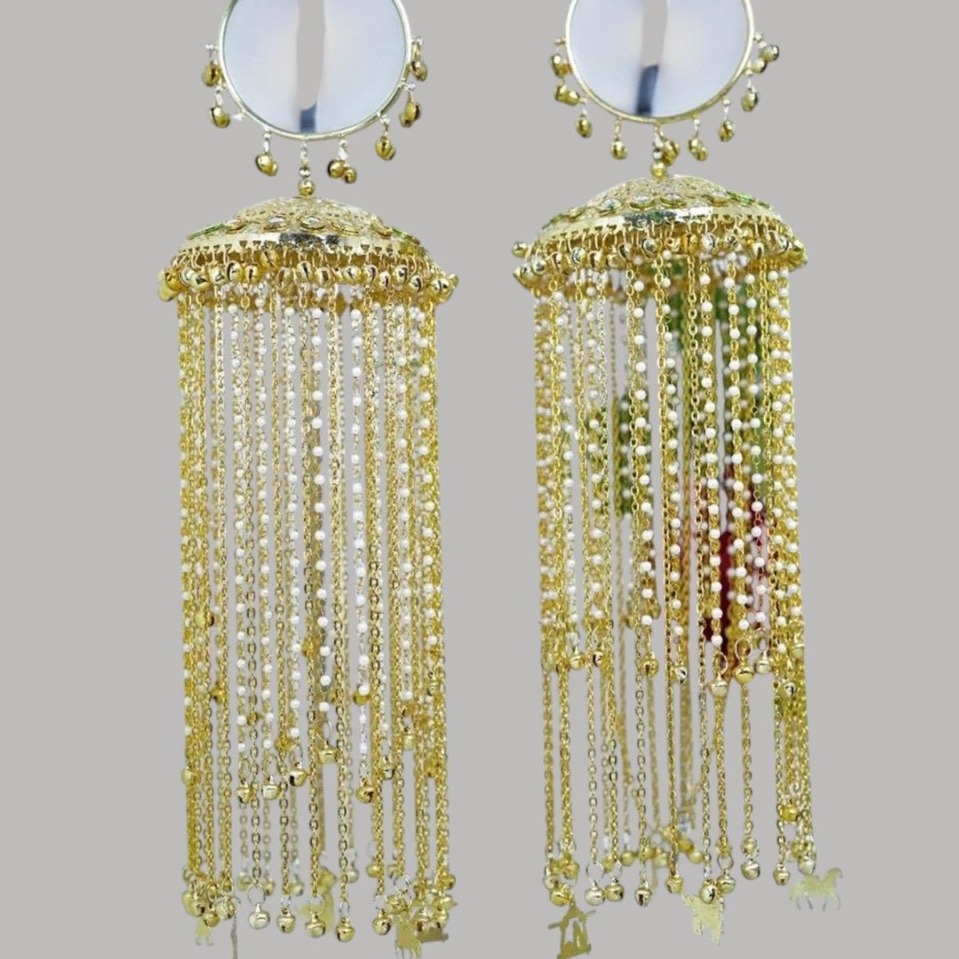 Gold Plated Long Chain Bridal Kaleera with Pearl Strings & Wedding Symbol Charms - Auraa Trends - Kaleere - - Auraa Trends - Gold plated bridal kaleera with long pearl and gold chains featuring Indian wedding motif charms like swings and horses"