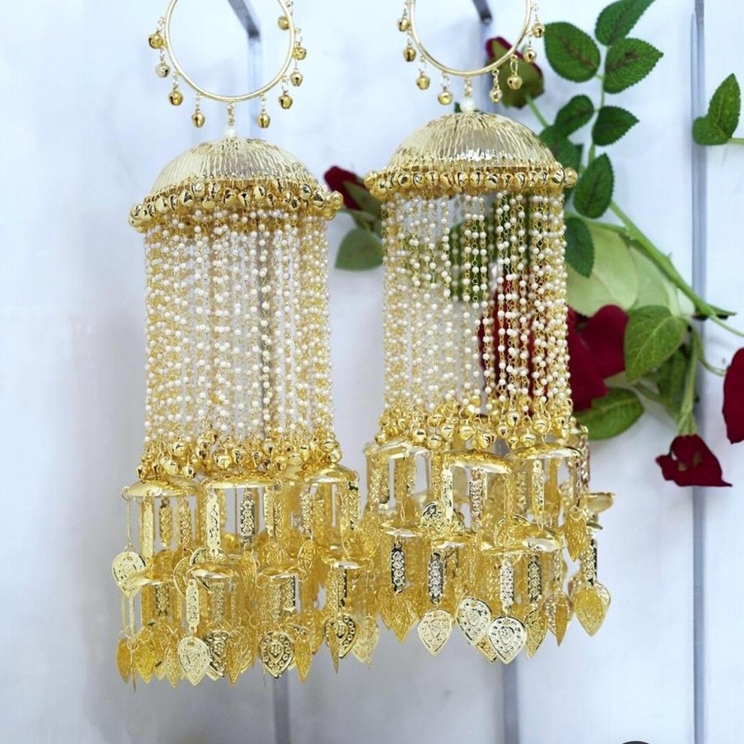 Gold Plated Long Pearl String Bridal Kaleera with Hanging Leaf Charms for Wedding & Ethnic Wear - Auraa Trends - Kaleere - - Auraa Trends - "Gold plated bridal kaleera with multi - layered pearl strings and hanging leaf charms for Indian weddings