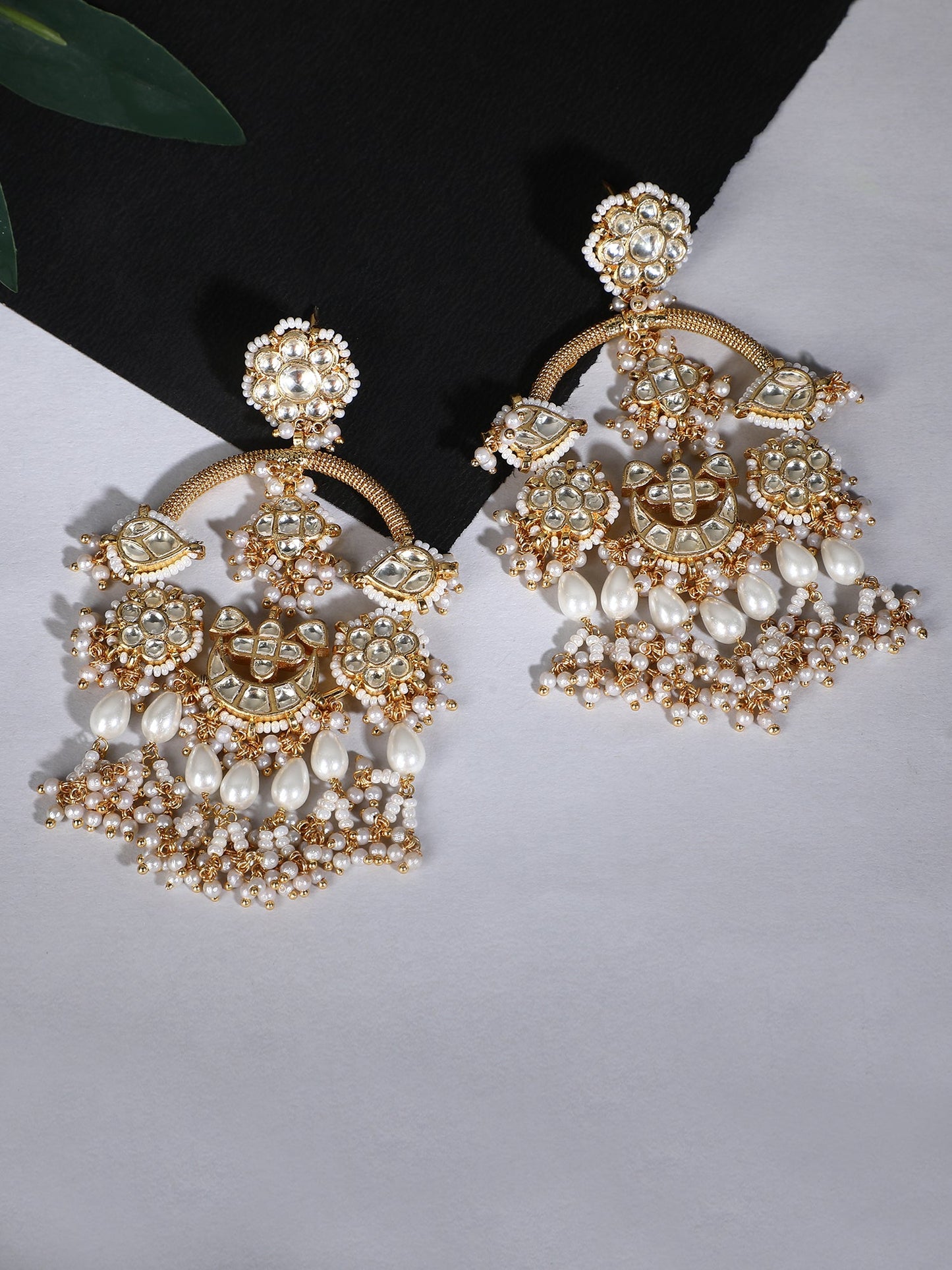 Gold-Plated Moissanite chandbaali Earrings with Pearl Drops - Auraa Trends - Chandbali - 22k gold chandbali earrings