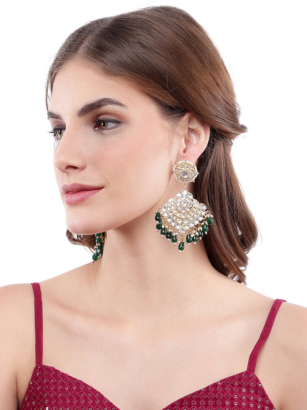 Gold-Plated Moissanite Chandelier Earrings with Green Beads - Auraa Trends - Chandelier Earrings Earringchandelier earrings