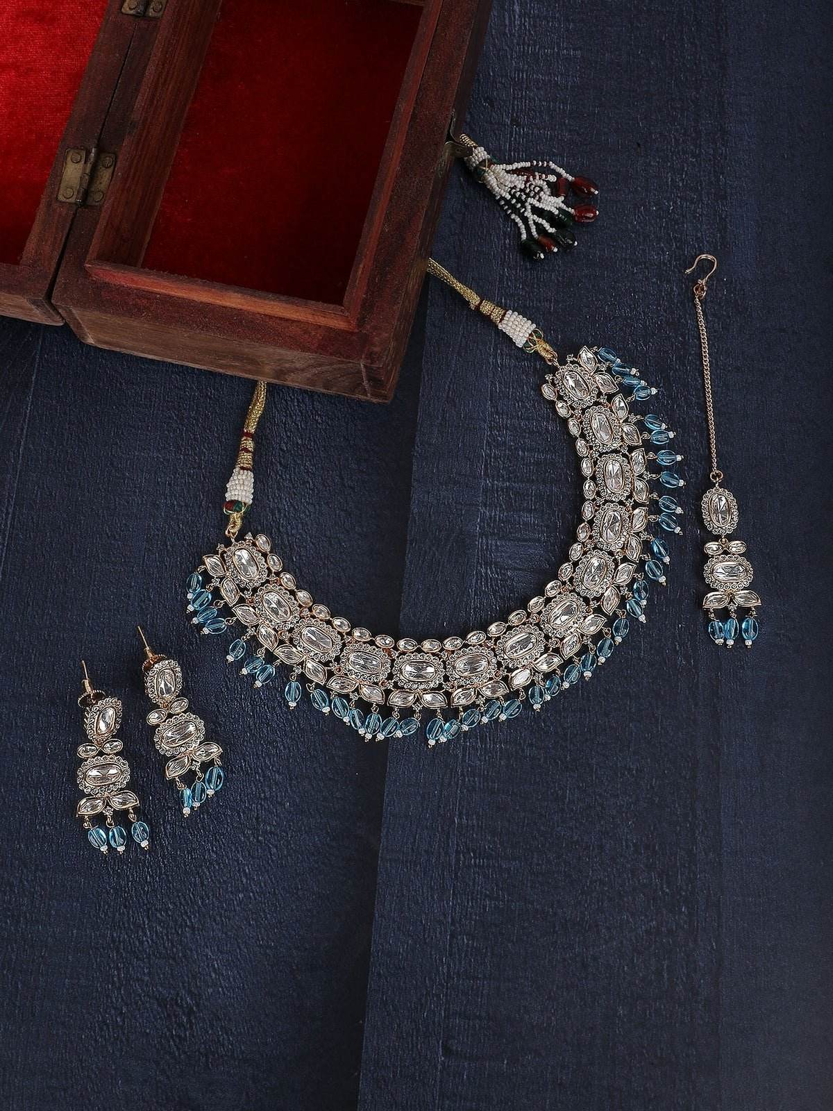 Gold Plated Moissanite Choker Necklace Set with Earrings and Maangtikka - Auraa Trends